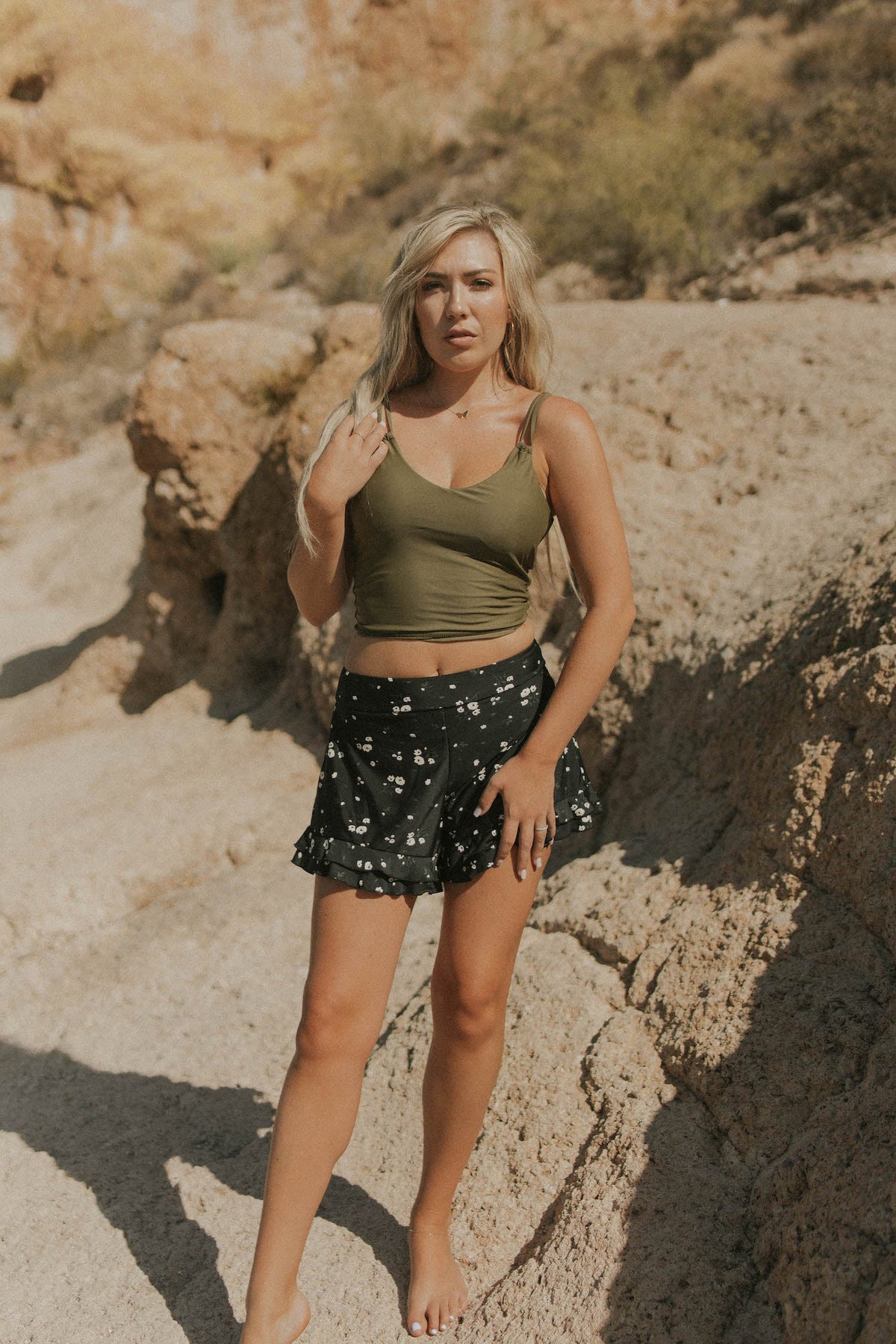 Dahlia High Waisted Swim Shorts | Ruffled Floral Swim Shorts with Built In Liner