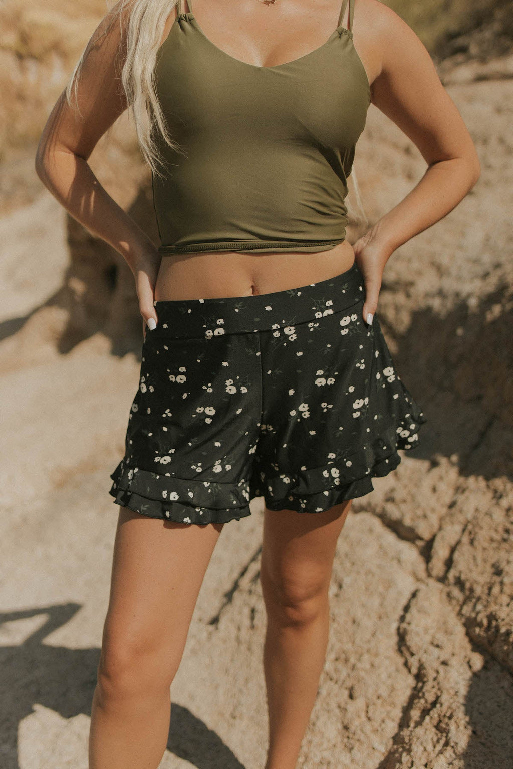 Dahlia High Waisted Swim Shorts | Ruffled Floral Swim Shorts with Built In Liner