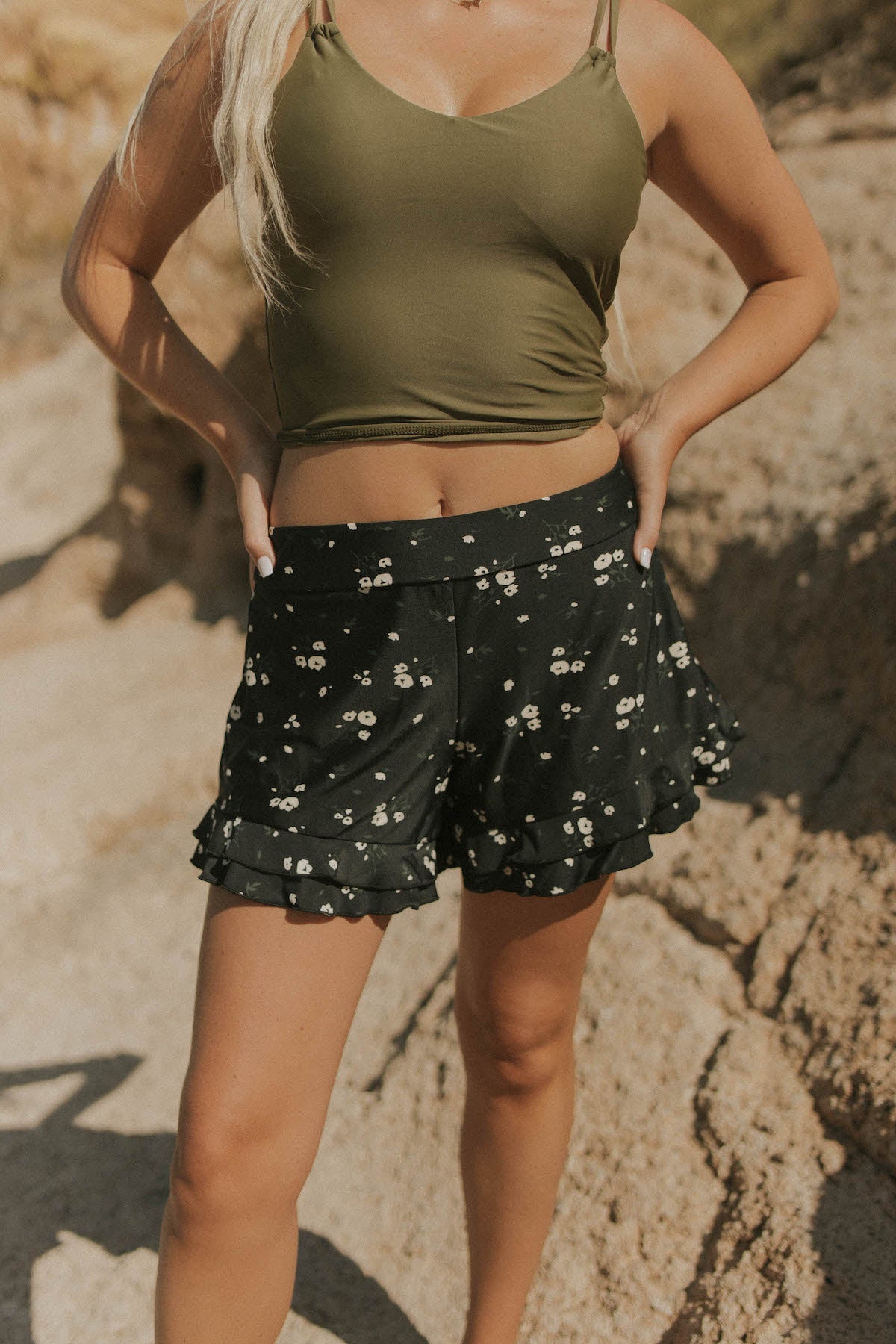 Dahlia High Waisted Swim Shorts | Ruffled Floral Swim Shorts with Built In Liner
