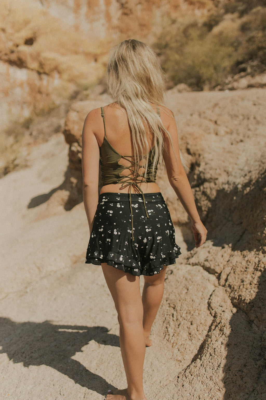 Dahlia High Waisted Swim Shorts | Ruffled Floral Swim Shorts with Built In Liner