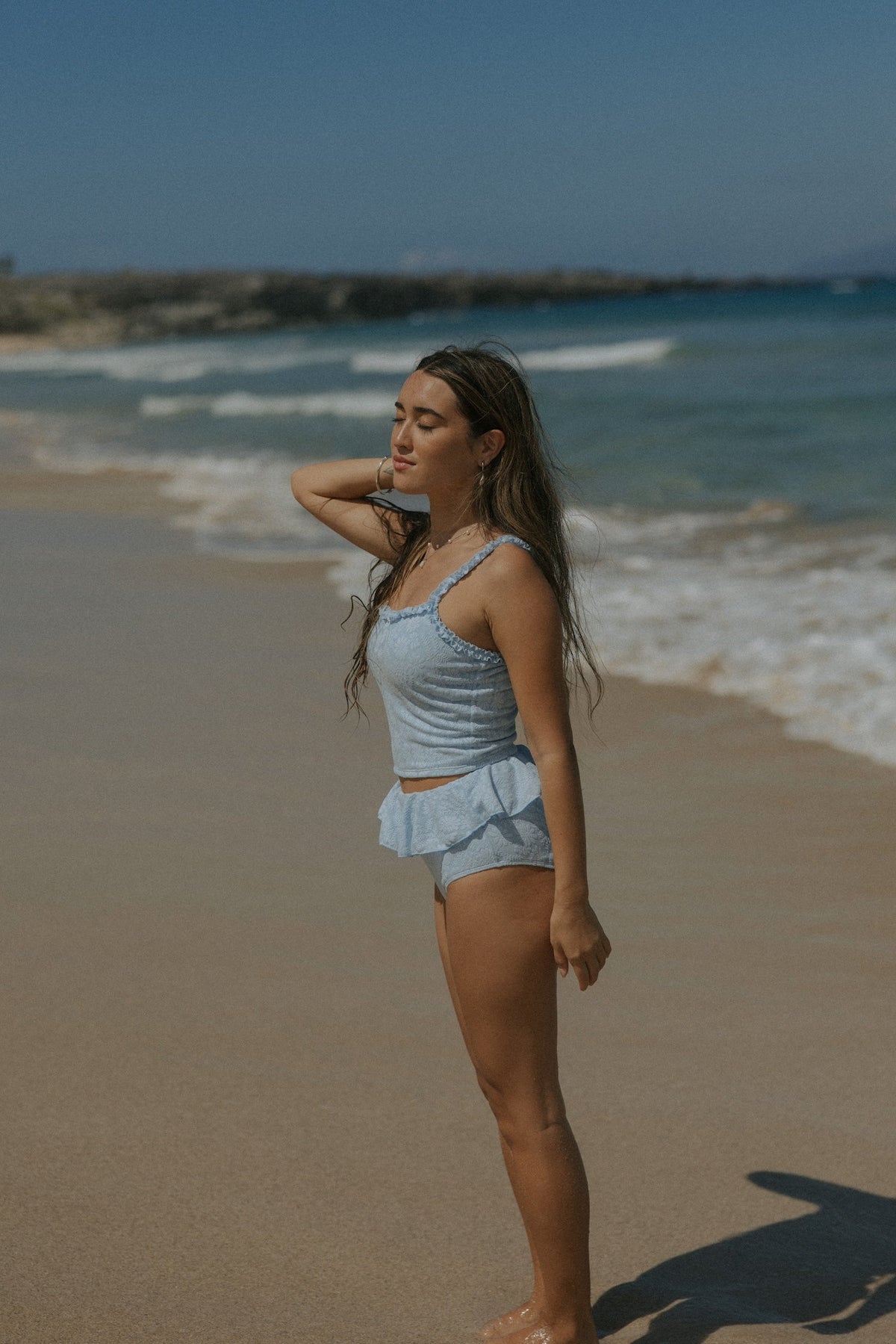 Azure Top | Textured Light Blue Scoop Neck Ruffle Tankini Top