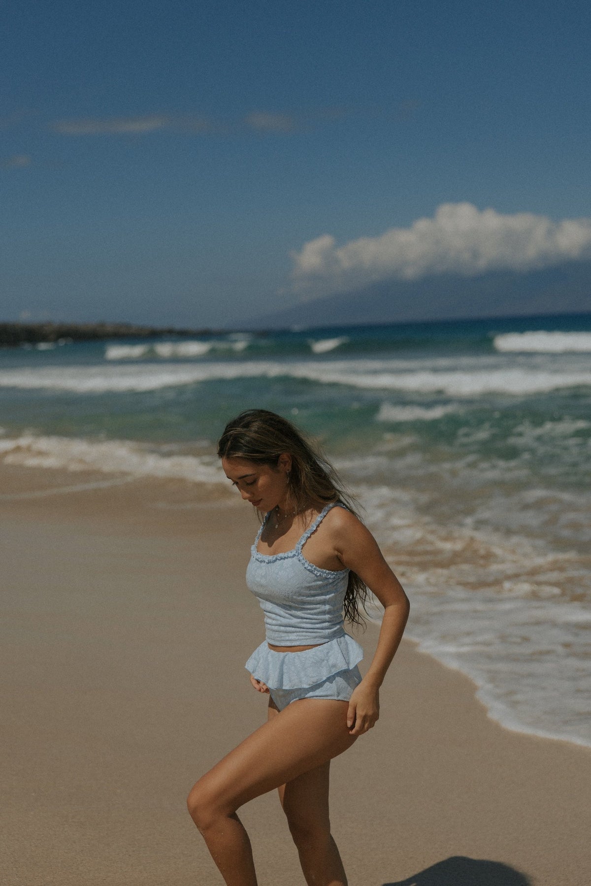 Azure Top | Textured Light Blue Scoop Neck Ruffle Tankini Top