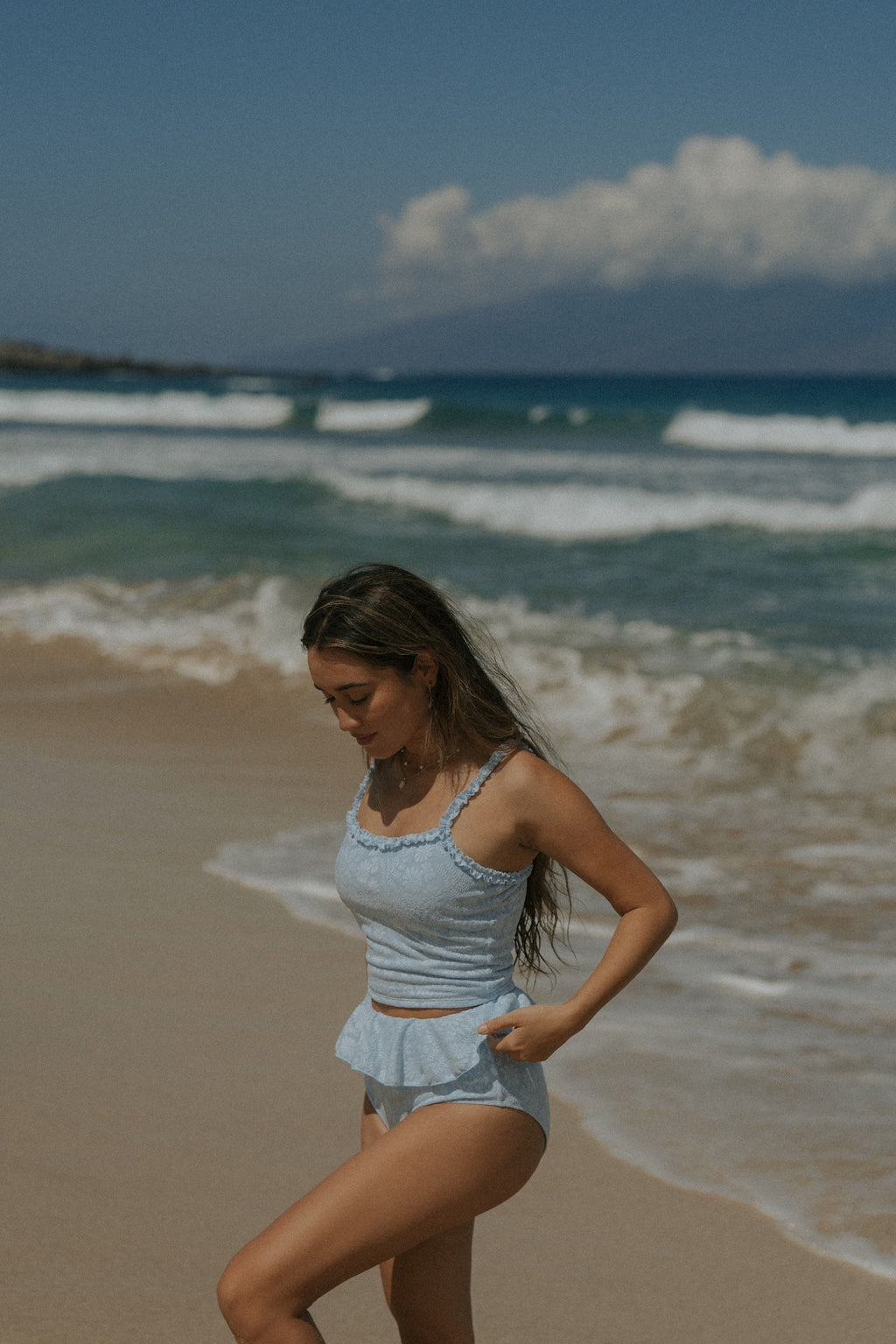 Azure High Waisted Bottoms | Light Blue Ruffle High Waist Swim Bottoms