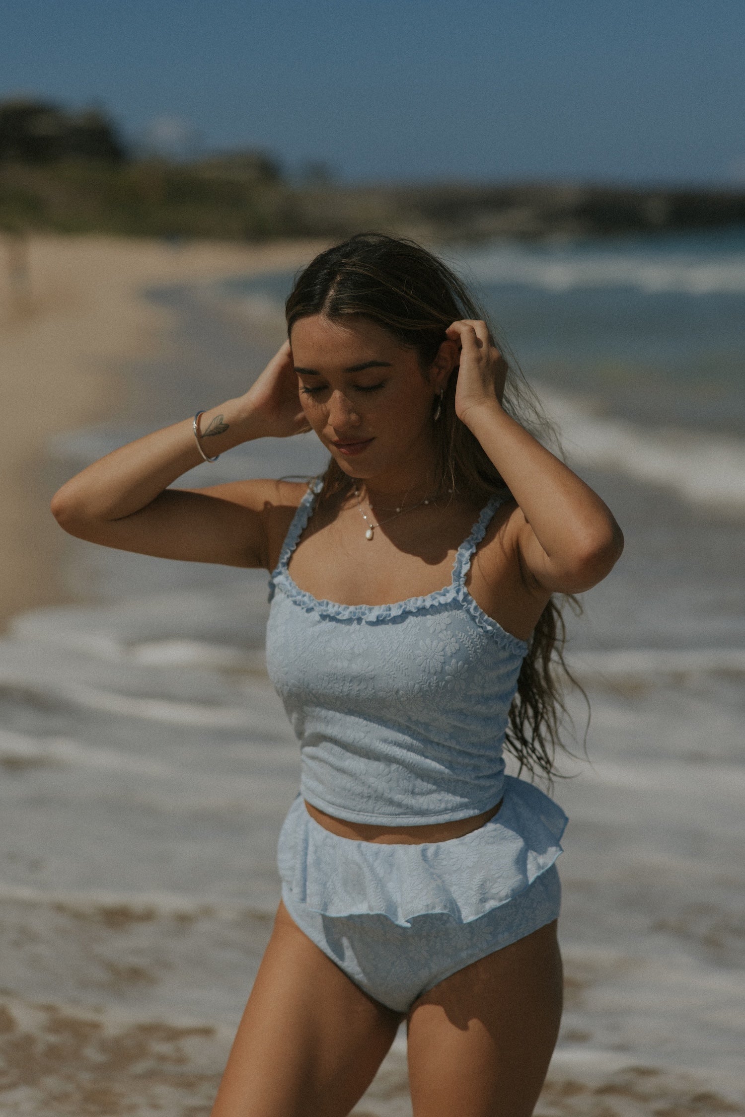 Azure High Waisted Bottoms | Light Blue Ruffle High Waist Swim Bottoms
