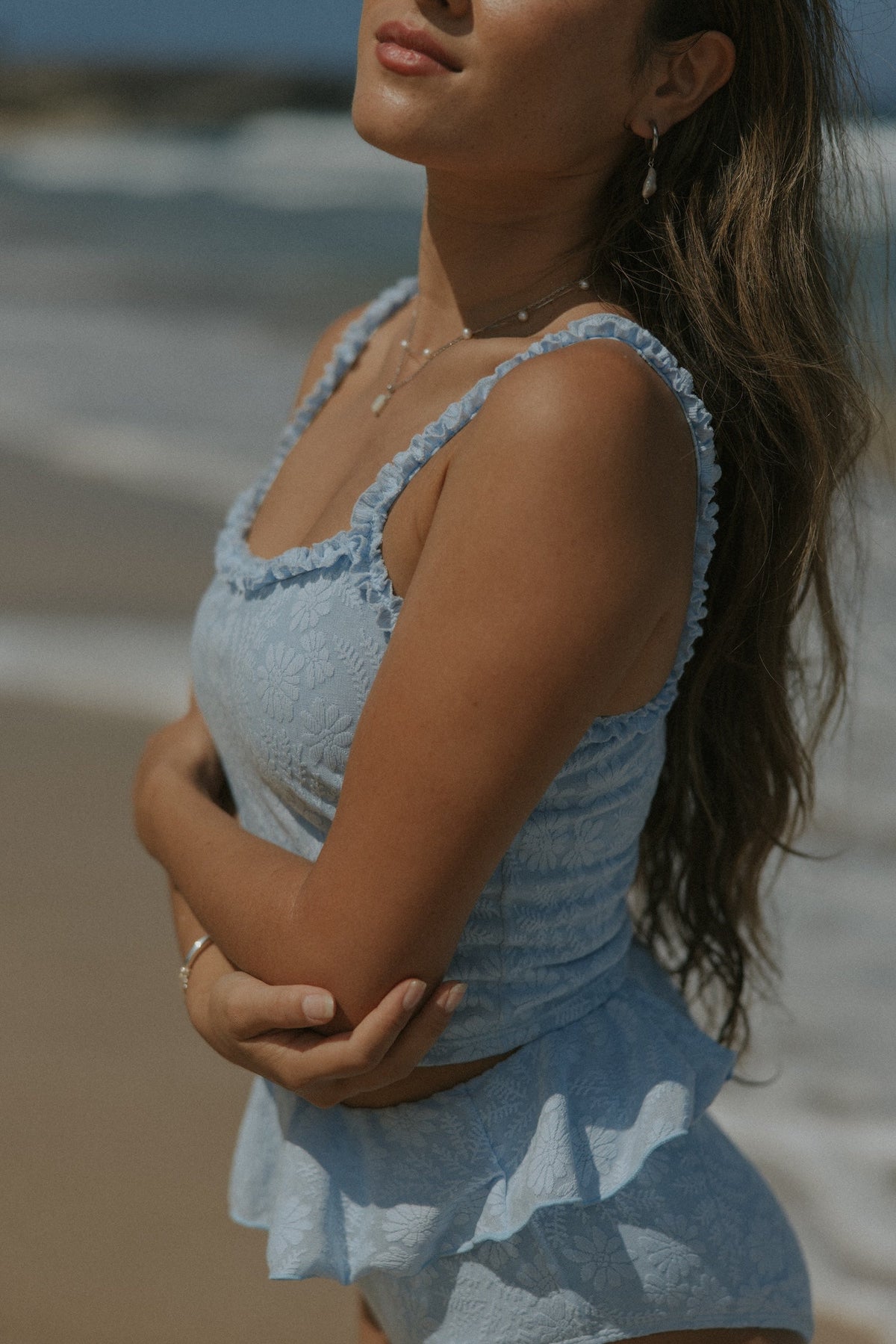 Azure Top | Textured Light Blue Scoop Neck Ruffle Tankini Top
