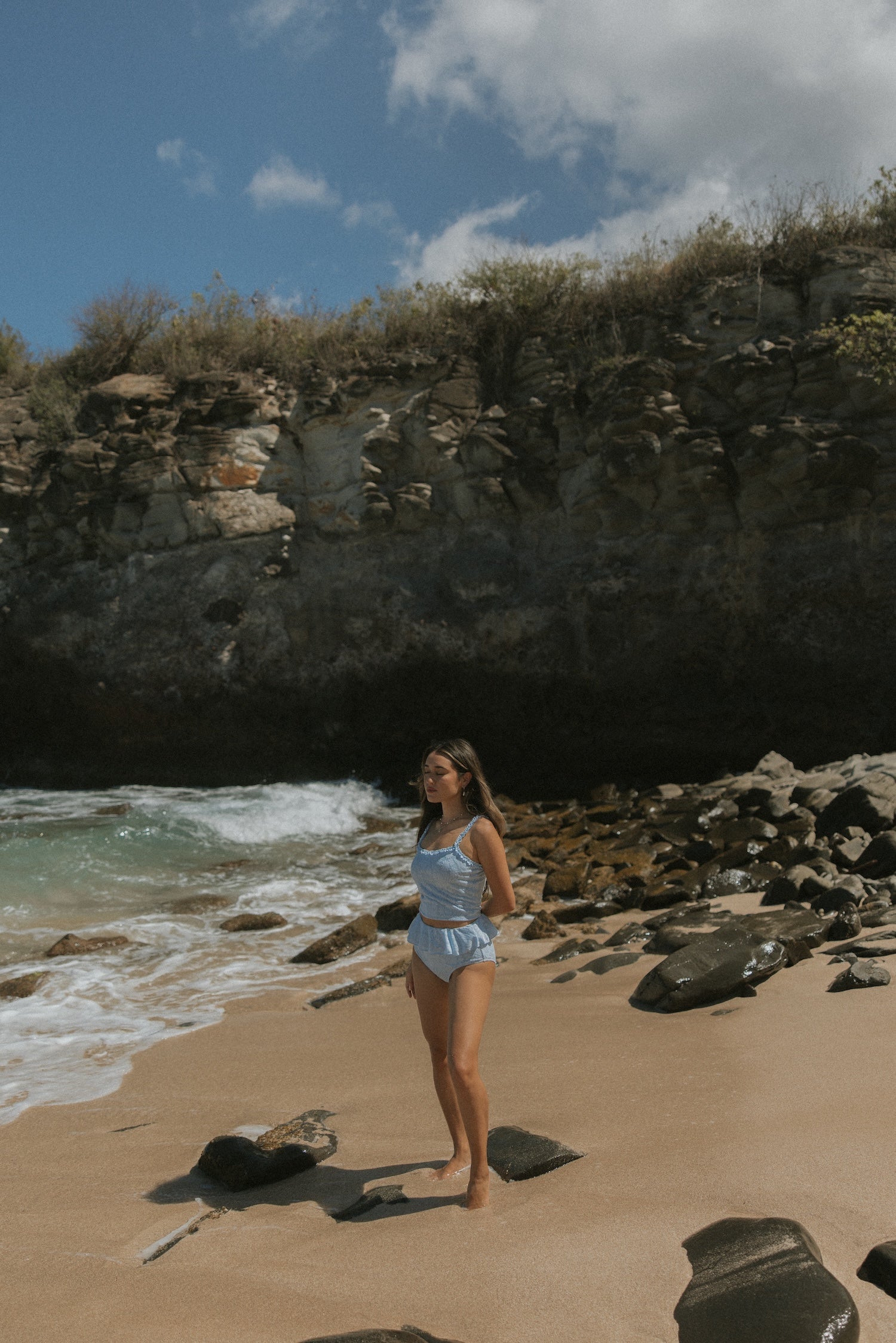 Azure Top | Textured Light Blue Scoop Neck Ruffle Tankini Top