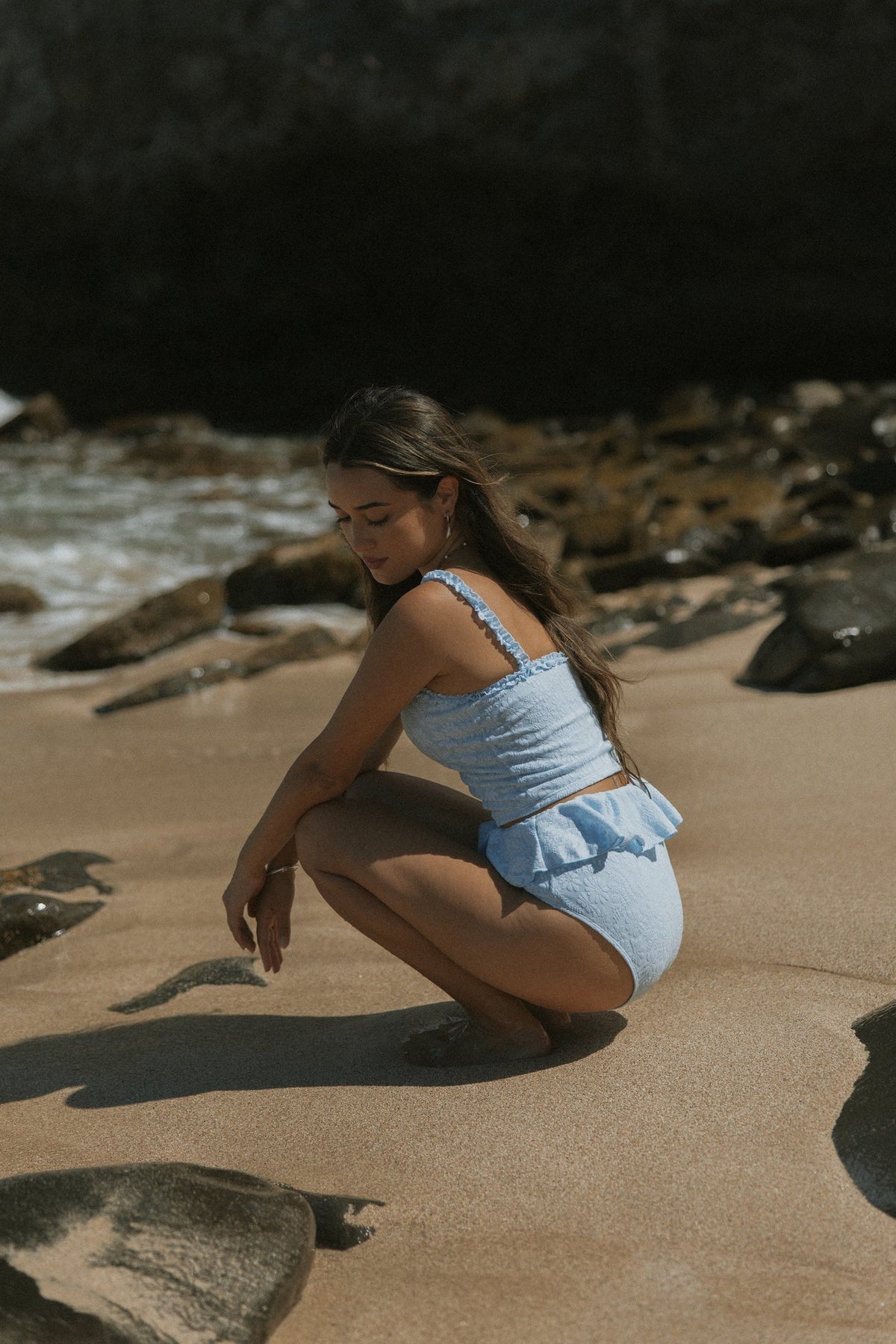 Azure High Waisted Bottoms | Light Blue Ruffle High Waist Swim Bottoms