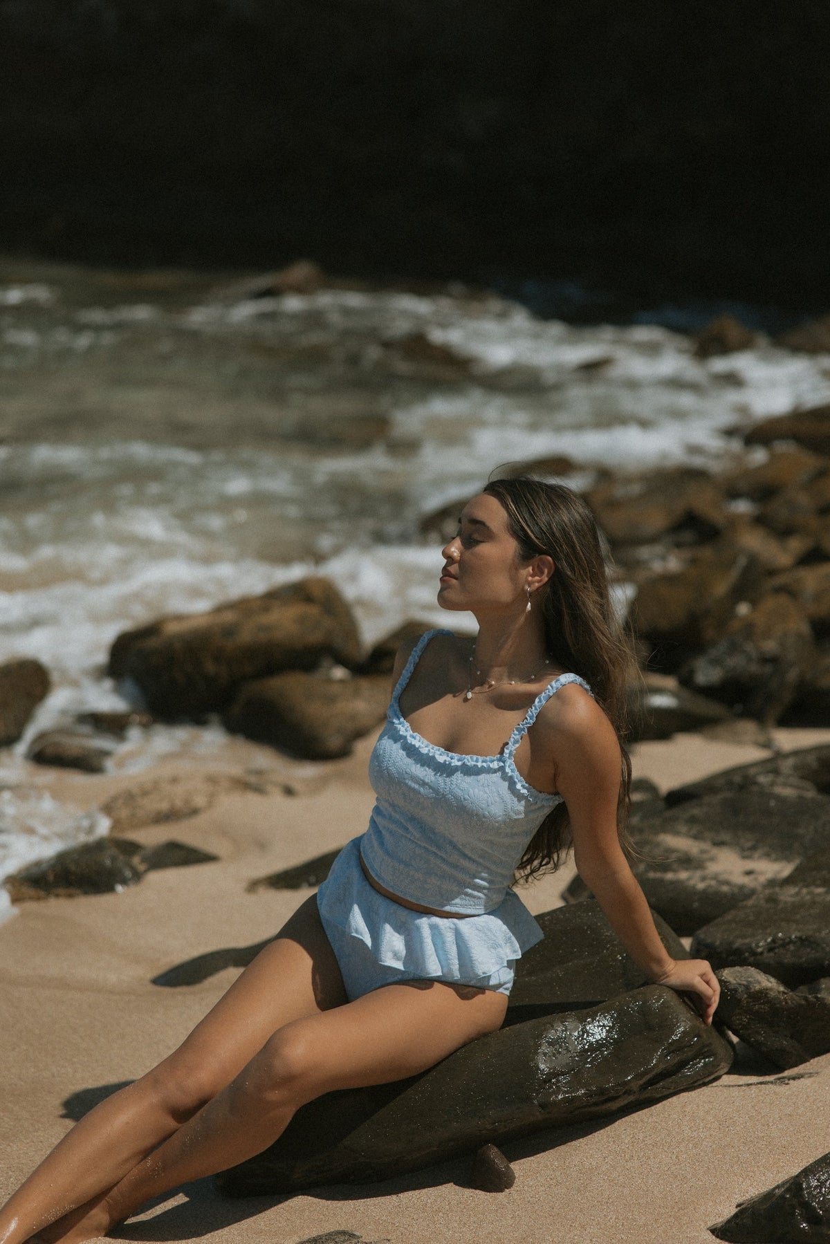 Azure Top | Textured Light Blue Scoop Neck Ruffle Tankini Top