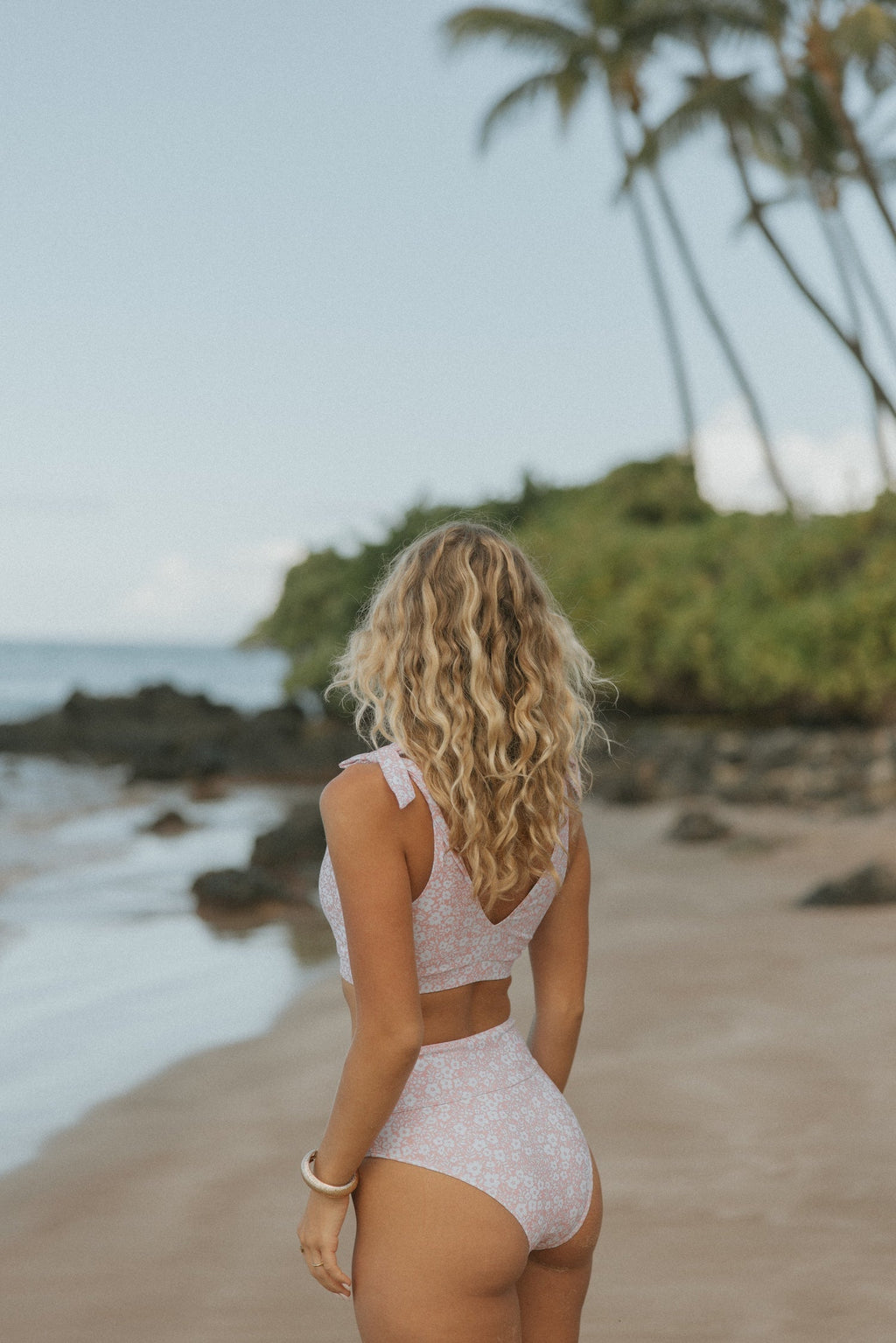 Blush High Waisted Bottoms | Pale Pink Floral Full Coverage Bikini Bottoms