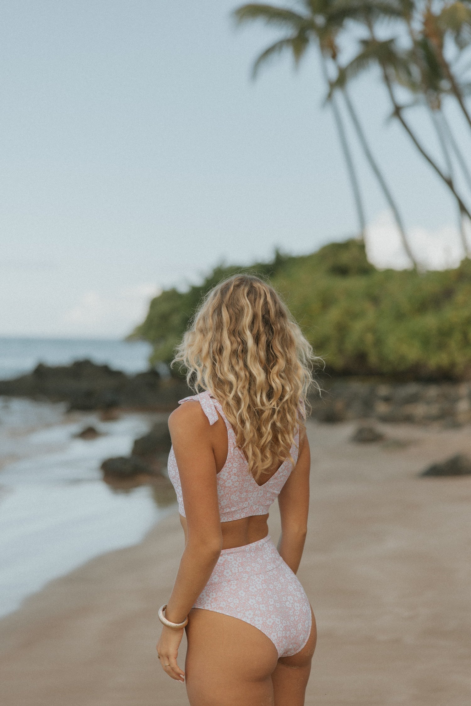 Blush High Waisted Bottoms | Pale Pink Floral Full Coverage Bikini Bottoms