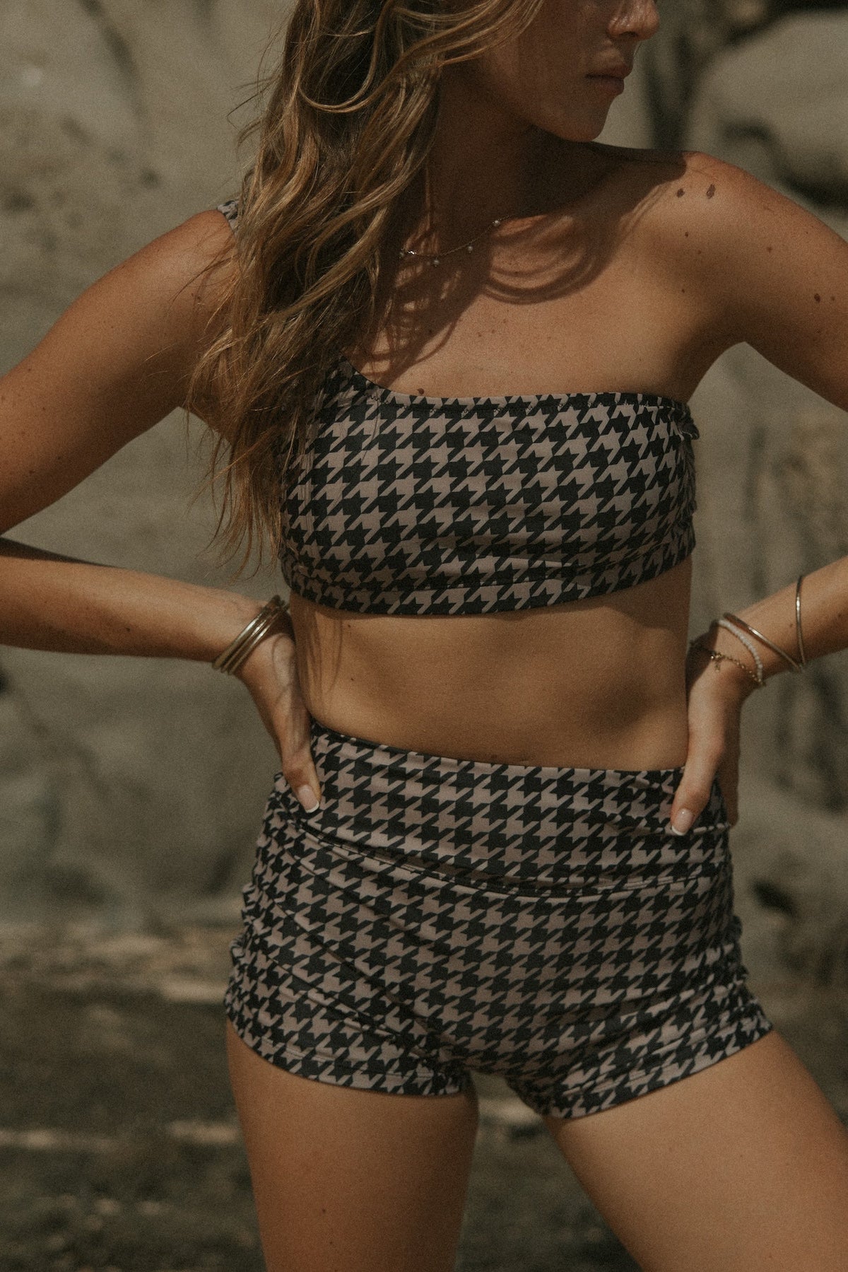 Bristol High Waisted Swim Shorts | Black & Cream Houndstooth Full Coverage Swim Shorts