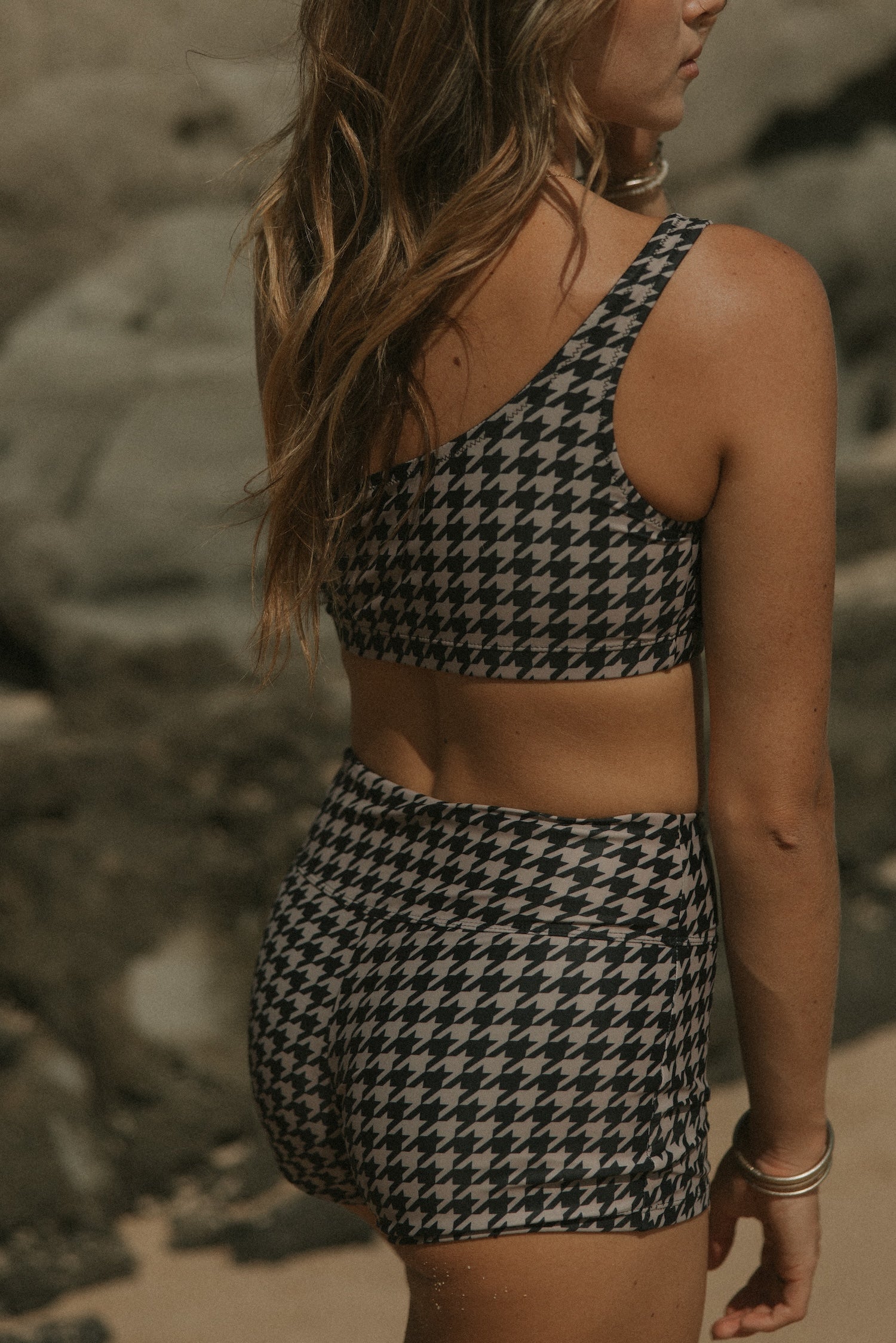 Bristol High Waisted Swim Shorts | Black & Cream Houndstooth Full Coverage Swim Shorts