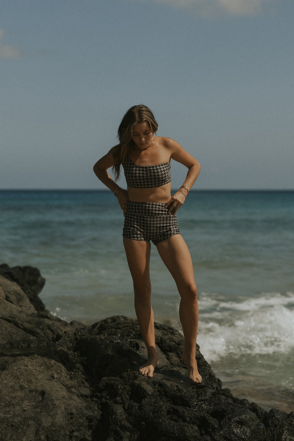 Bristol High Waisted Swim Shorts | Black & Cream Houndstooth Full Coverage Swim Shorts