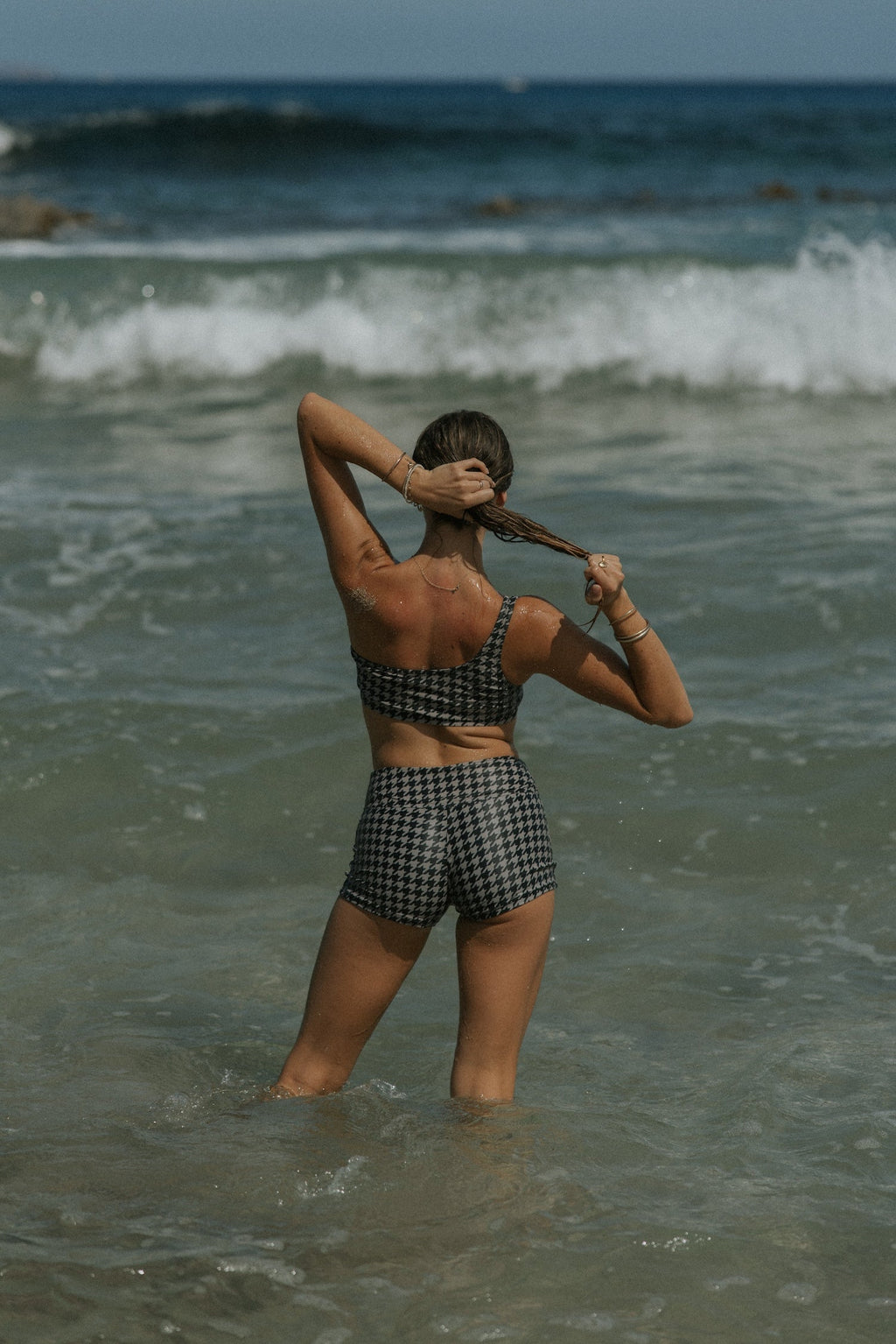Bristol Bikini Top | Black & Cream Houndstooth Straight Neck Bikini Top