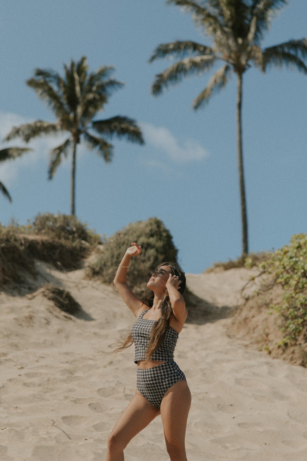 Bristol Tankini Top | One Shoulder Houndstooth Straight Neck Swim Top
