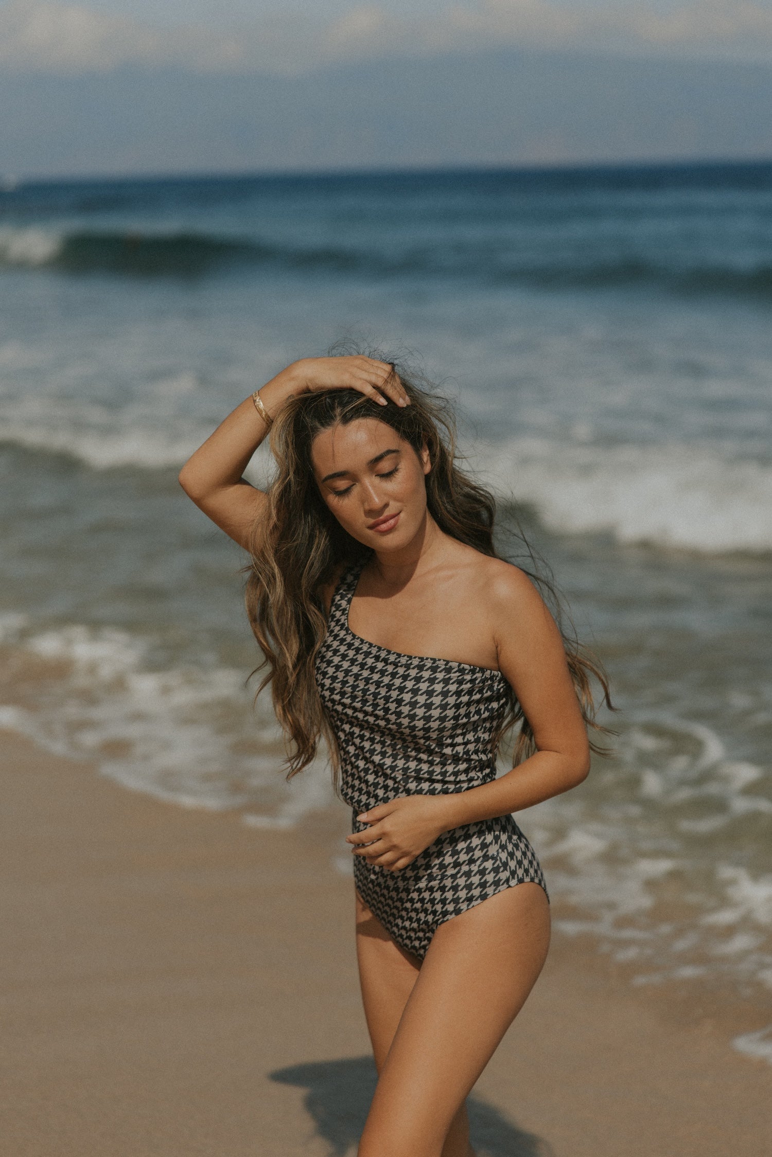 Bristol Tankini Top | One Shoulder Houndstooth Straight Neck Swim Top