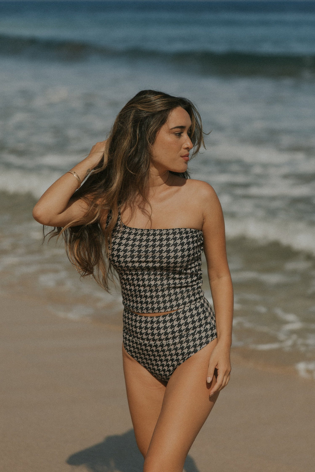 Bristol High Waisted Bottoms | Black & Cream Houndstooth Full Coverage Bikini Bottoms