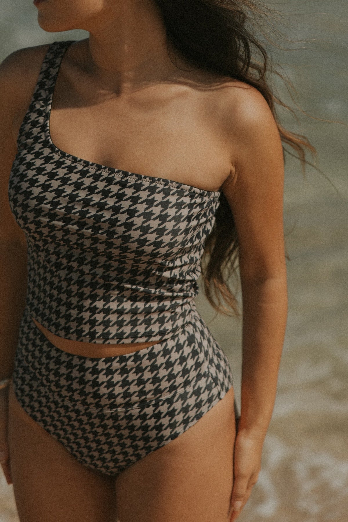 Bristol Tankini Top | One Shoulder Houndstooth Straight Neck Swim Top