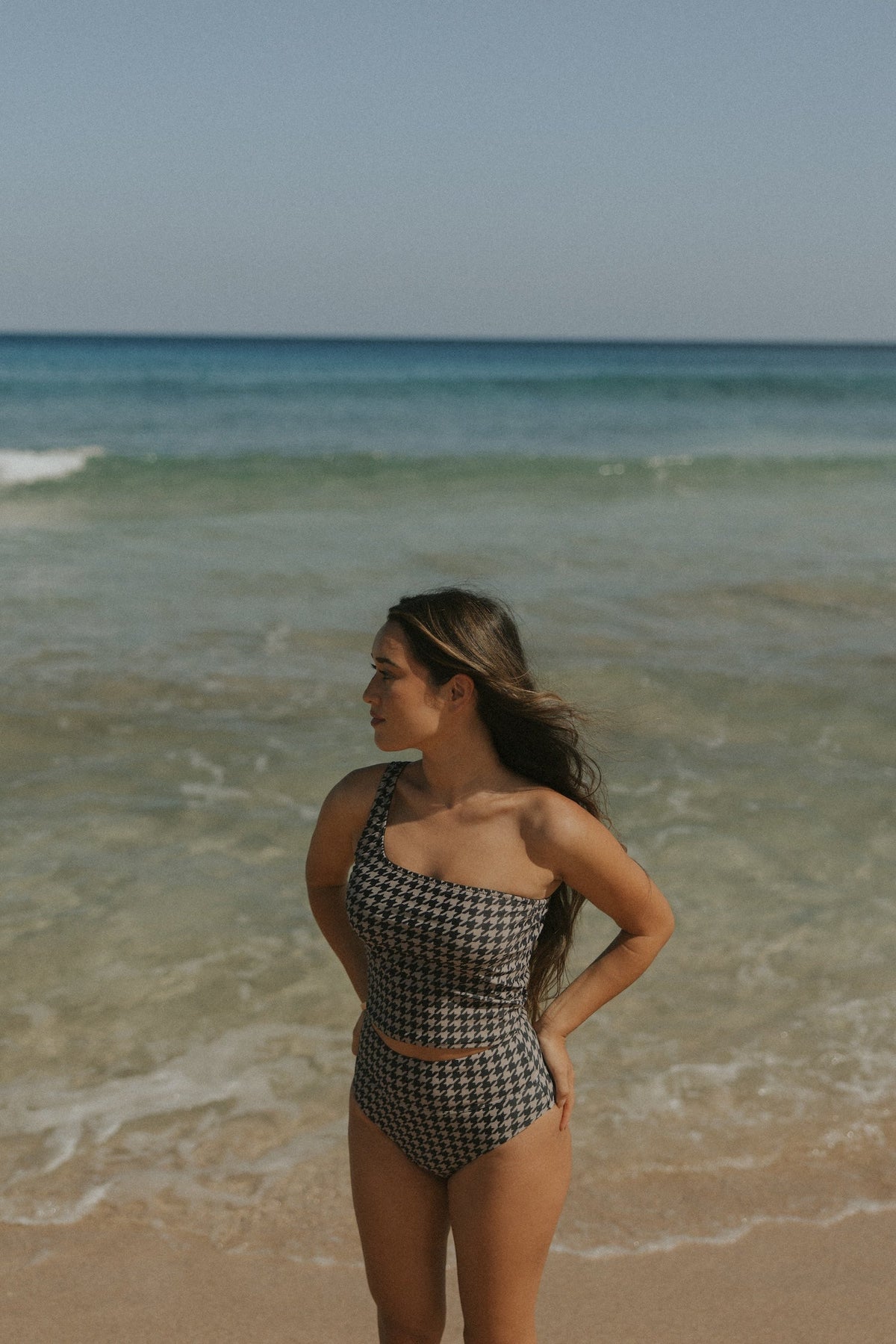 Bristol Tankini Top | One Shoulder Houndstooth Straight Neck Swim Top