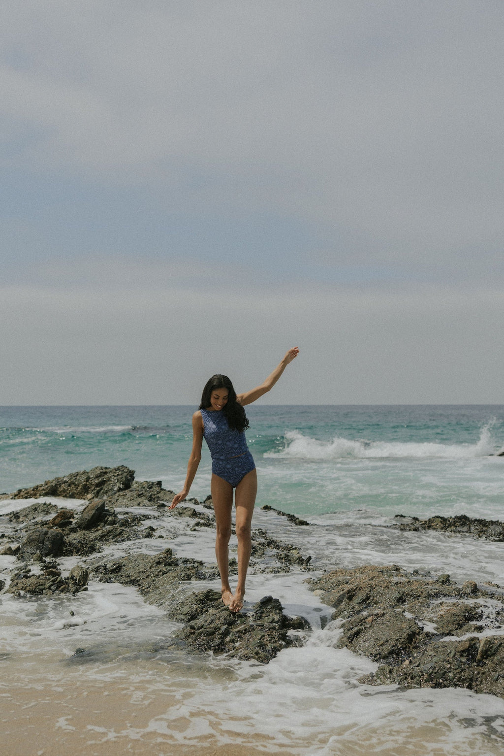 Cobalt Top | Blue High Neck Floral Full Coverage Tankini Top