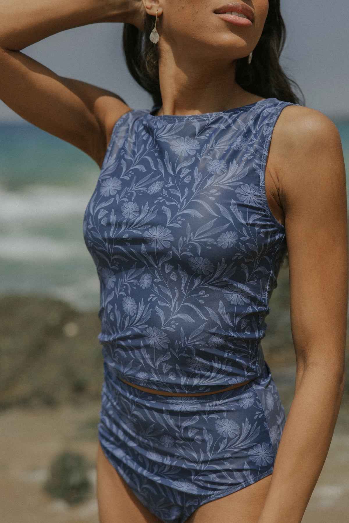 Cobalt Top | Blue High Neck Floral Full Coverage Tankini Top