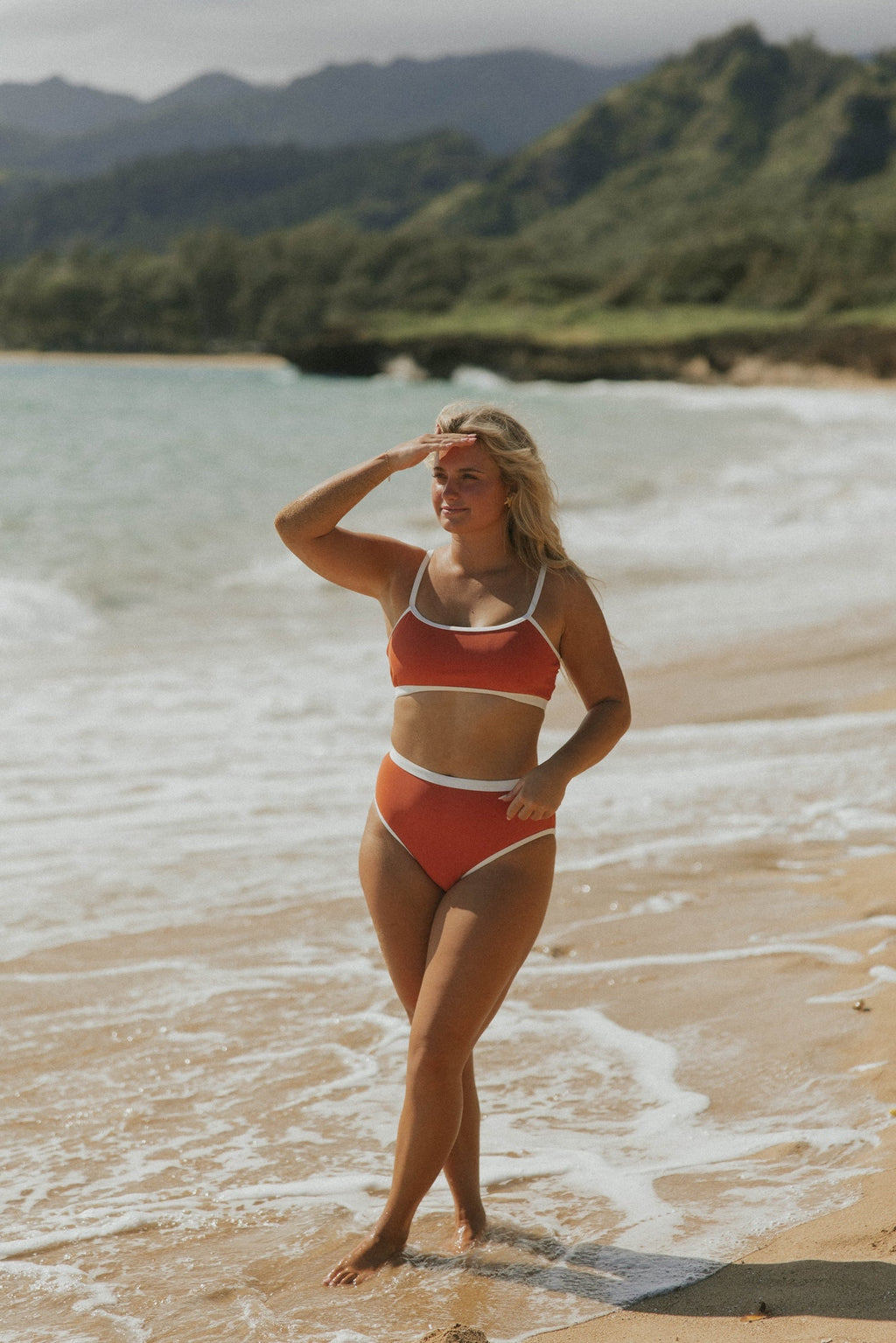 Coral High Waisted Bottoms | Ribbed Swim Bottoms with White Trim