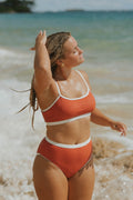 Coral High Waisted Bottoms | Ribbed Swim Bottoms with White Trim