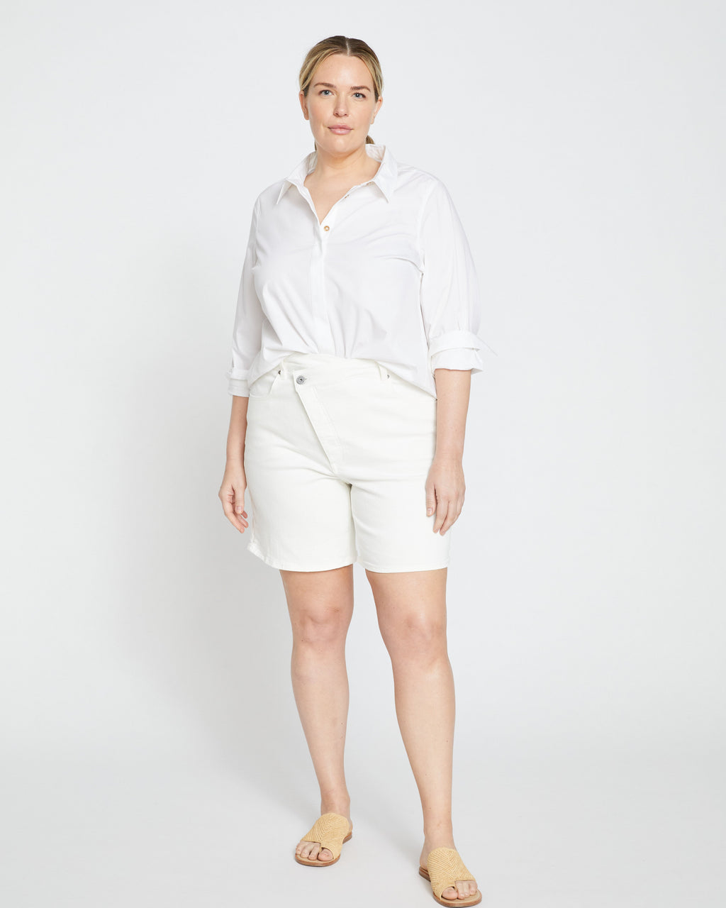 Katie High Rise Crossover Denim Shorts - White