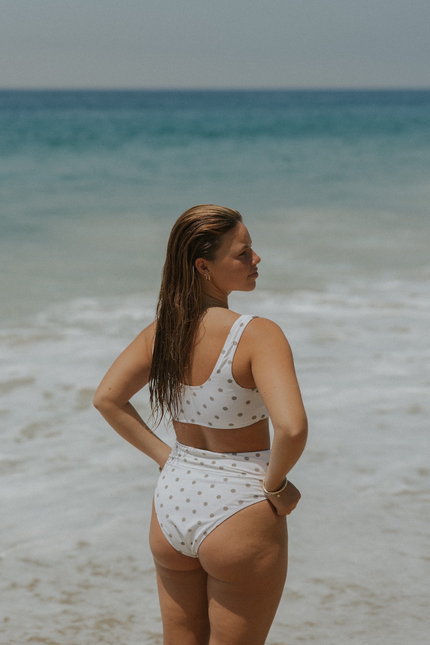 Eleanor High Waisted Bottoms | Polka Dot Full Coverage Swim Bottoms