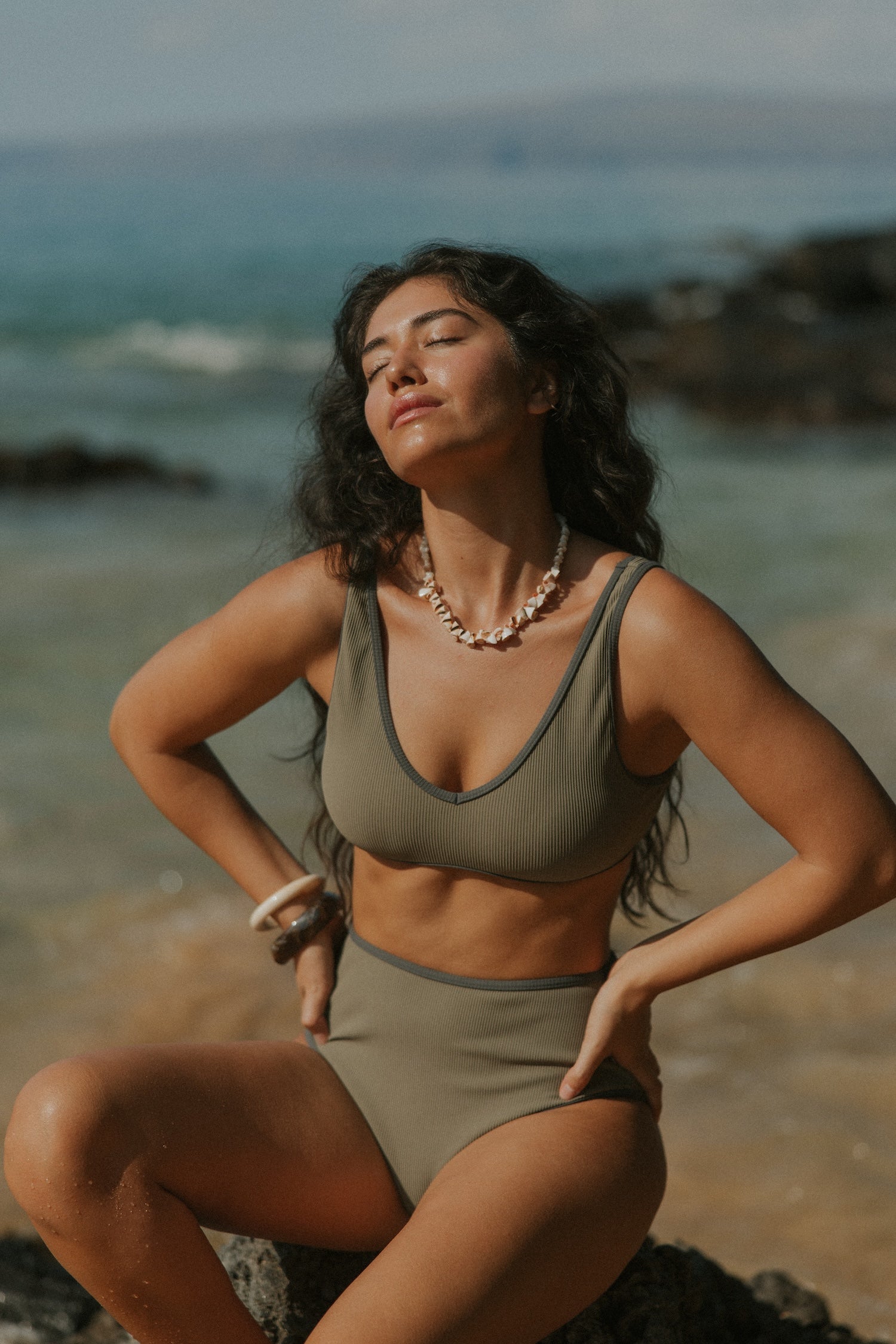 Haze Bikini Top | Ribbed Olive Green V Neck Swim Top