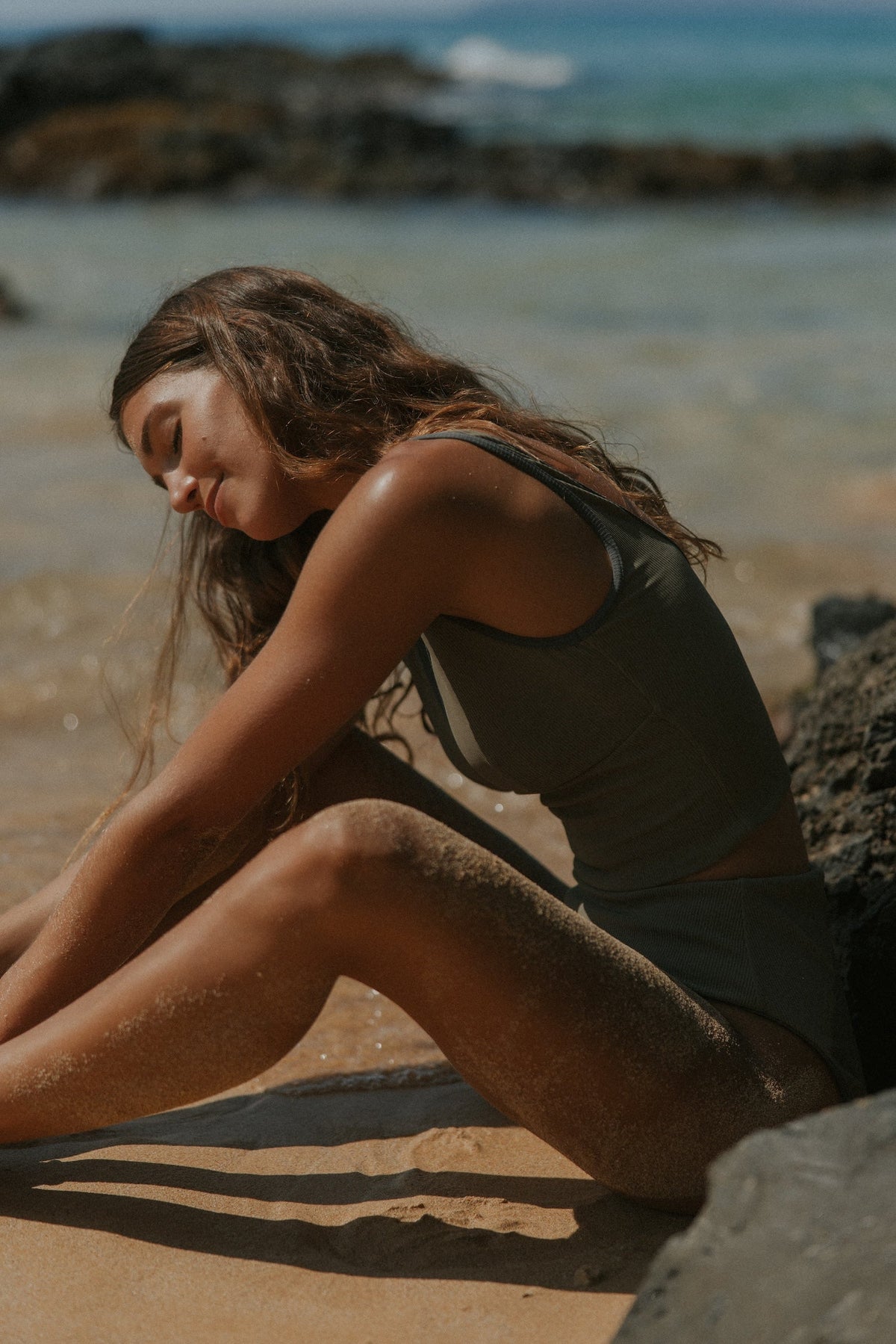 Haze Top | Ribbed Olive Green V Neck Modest Swim Top