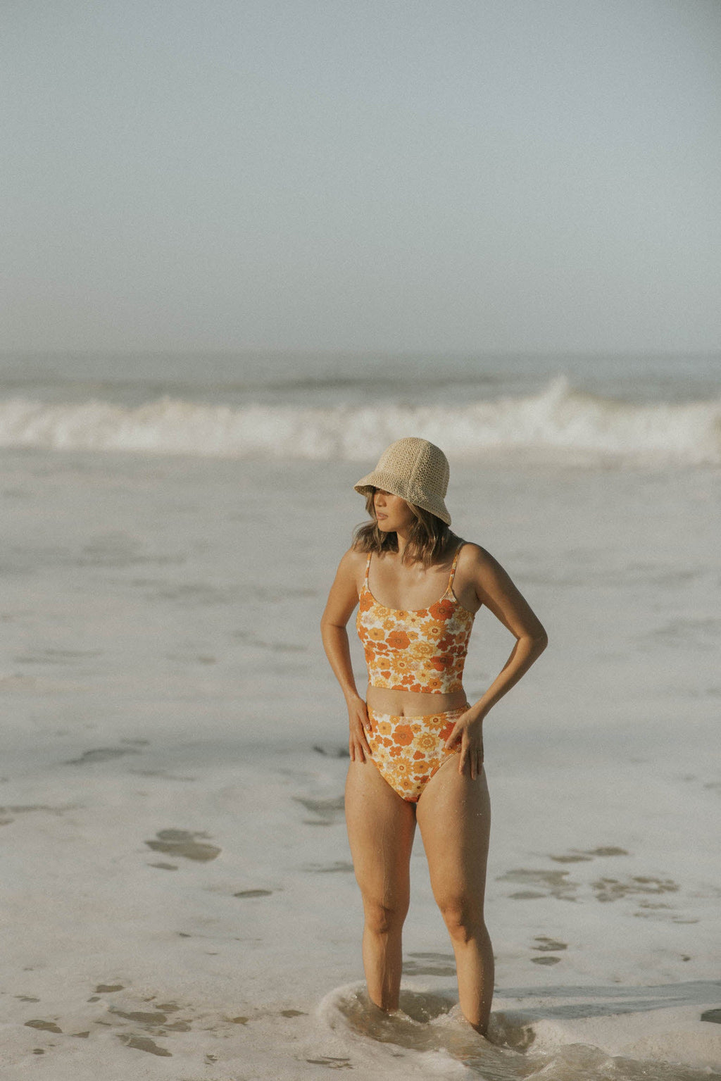 Flora High Waisted Bottoms | Orange Retro Floral Swim Bottoms