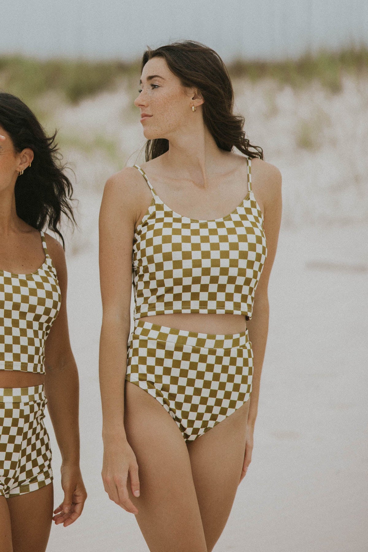 Myrtle High Waisted Bottoms | Neutral Checkered Ribbed Swim Bottoms