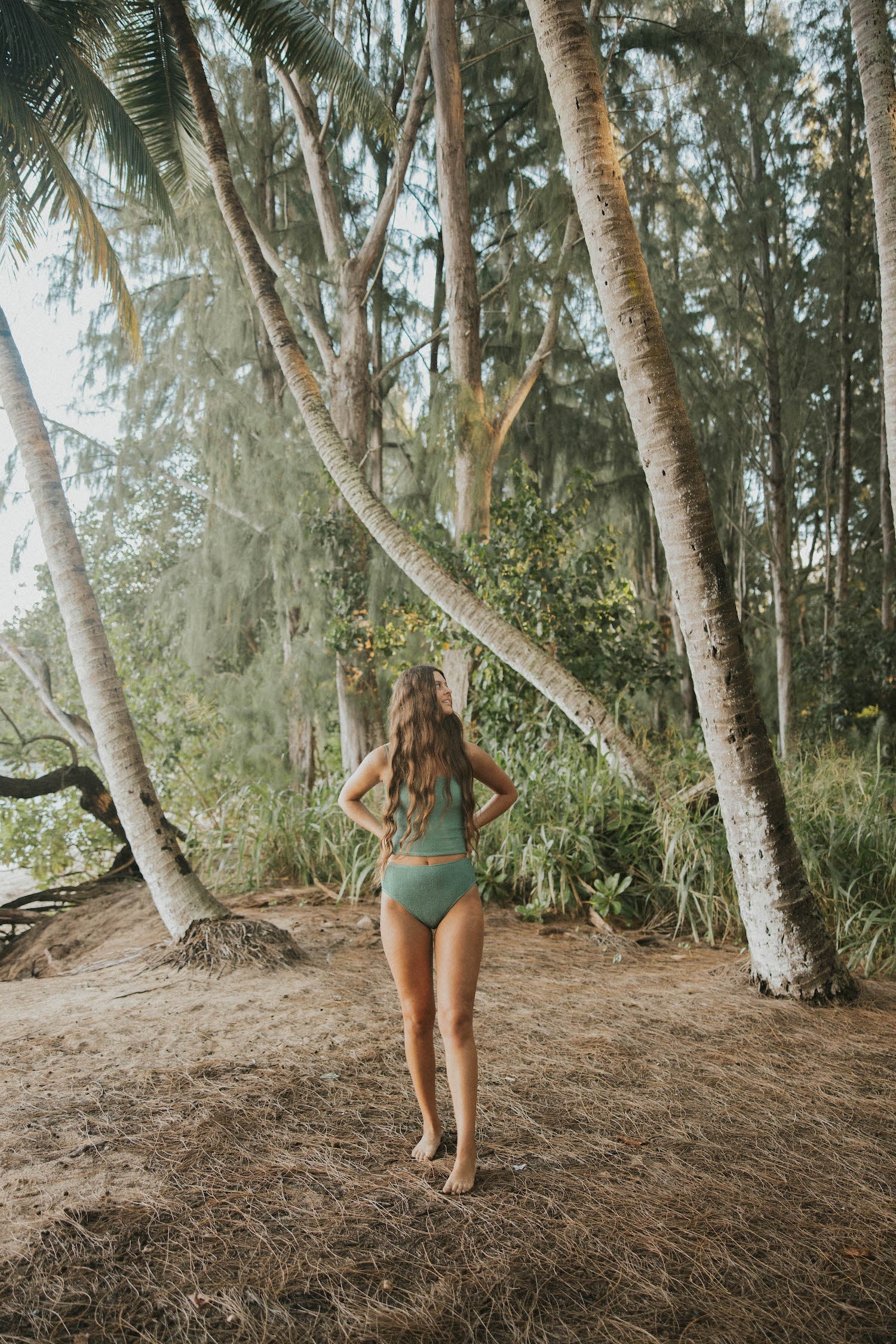Oahu High Waisted Bottoms | Green Crinkle Textured Bikini Bottoms