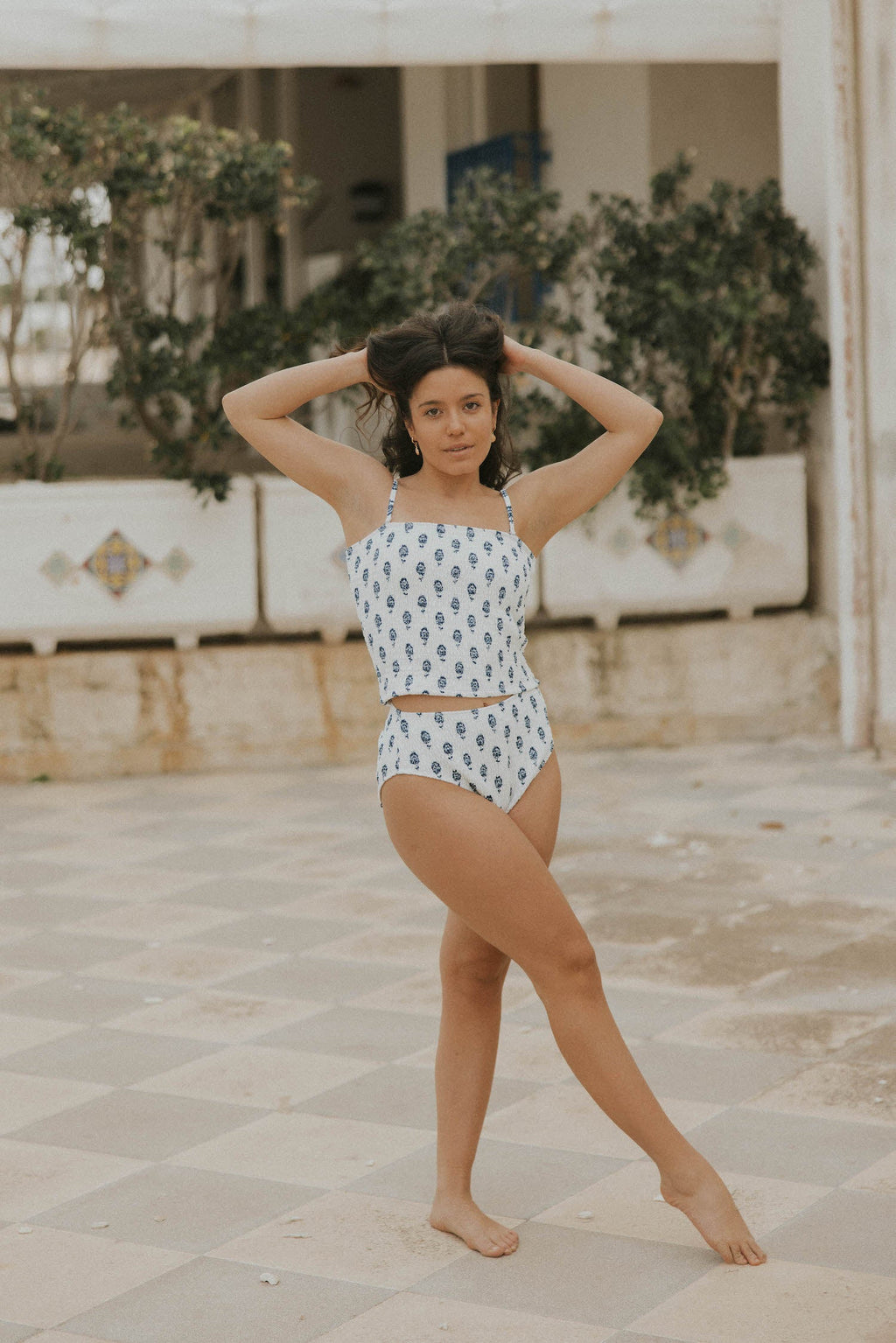 Porto High Waisted Bottoms | White Floral Shirred Bikini Bottoms