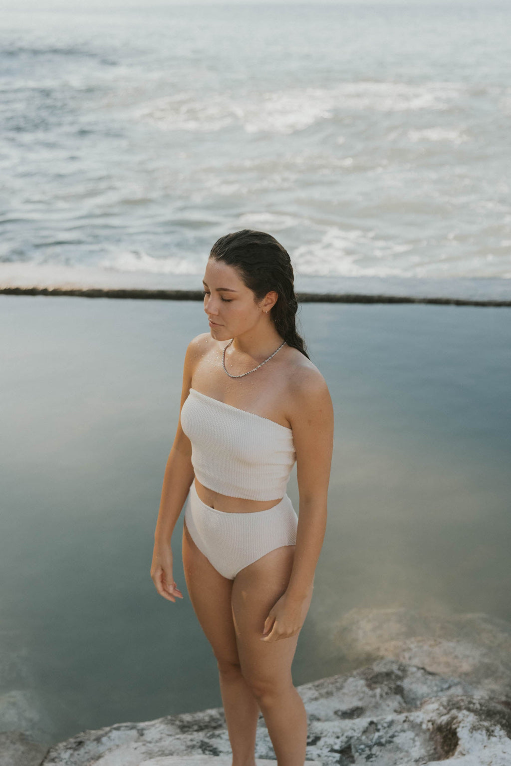 High Tide Top | White Strapless Crinkle Textured Tankini Top