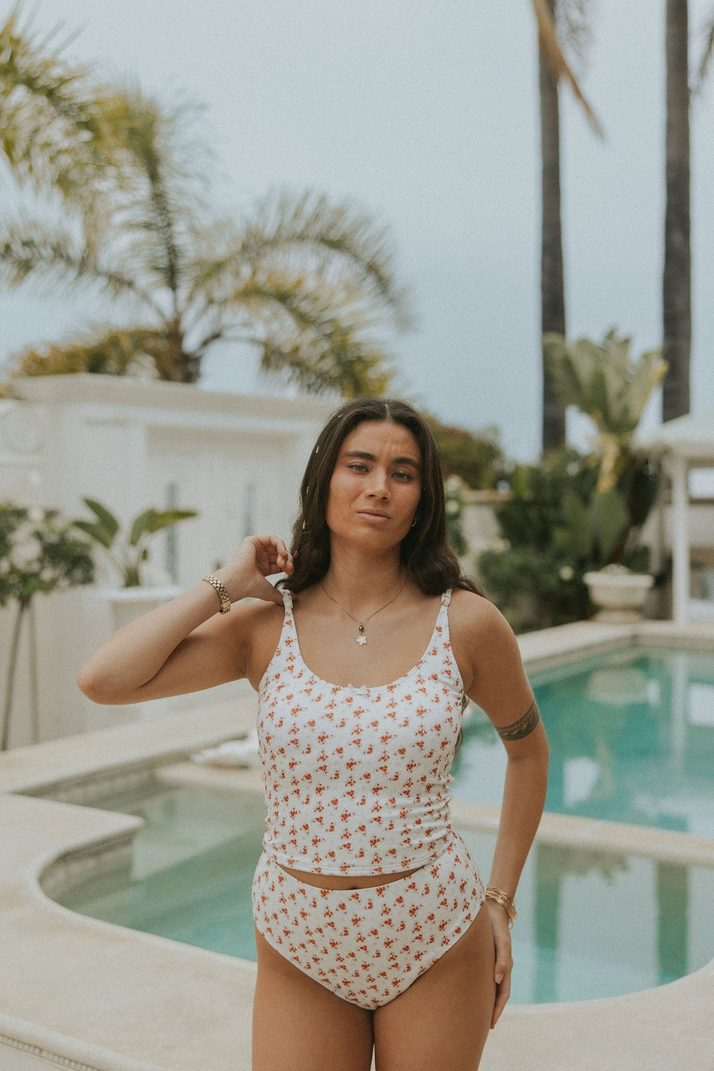 Rosie High Waisted Bottoms | Red Dainty Floral Full Coverage Swim Bottoms