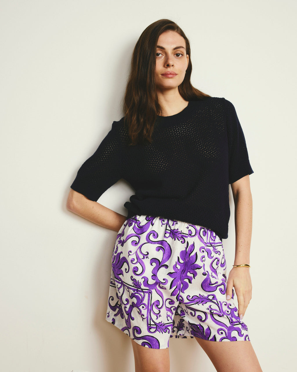 Juniper Linen Blend Easy Pull-On Shorts - Purple Majolica Print