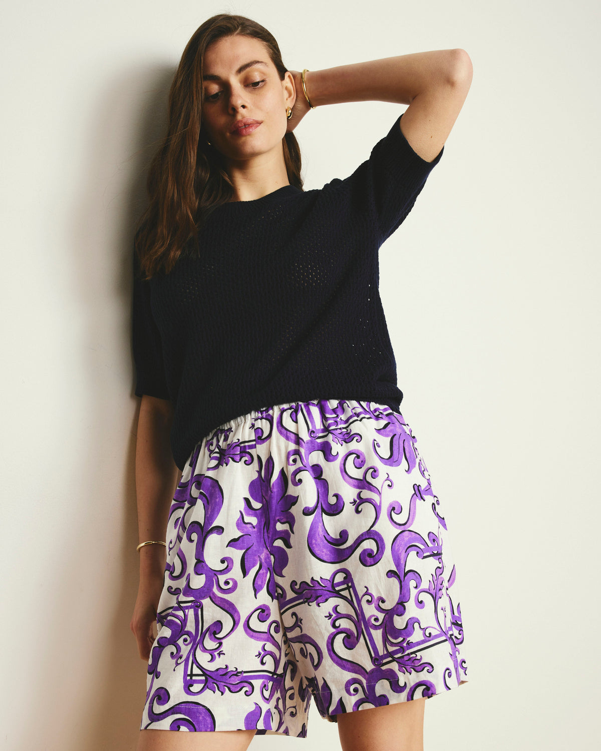 Juniper Linen Blend Easy Pull-On Shorts - Purple Majolica Print
