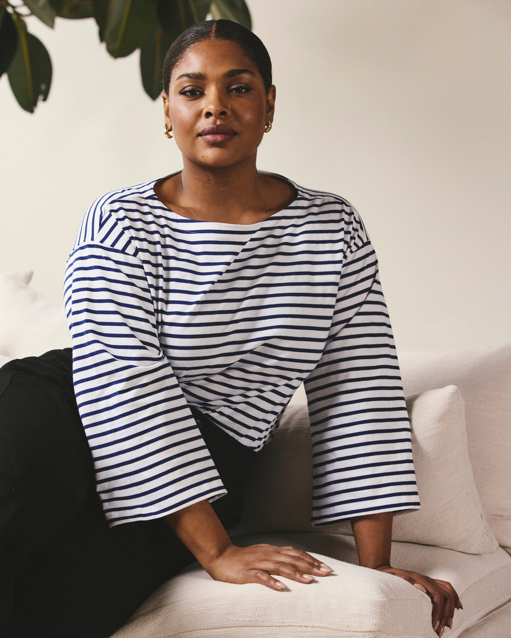 Montauk Breton Stripe Bell Sleeve Top - White/Cenote Stripe