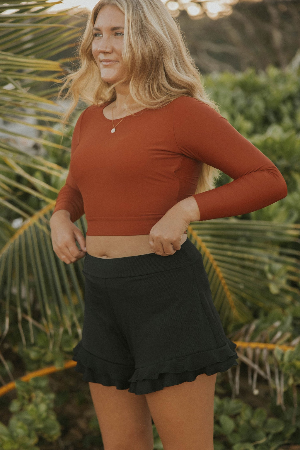 Obsidian High Waisted Swim Shorts | Ribbed Ruffled Swim Shorts with Built In Liner