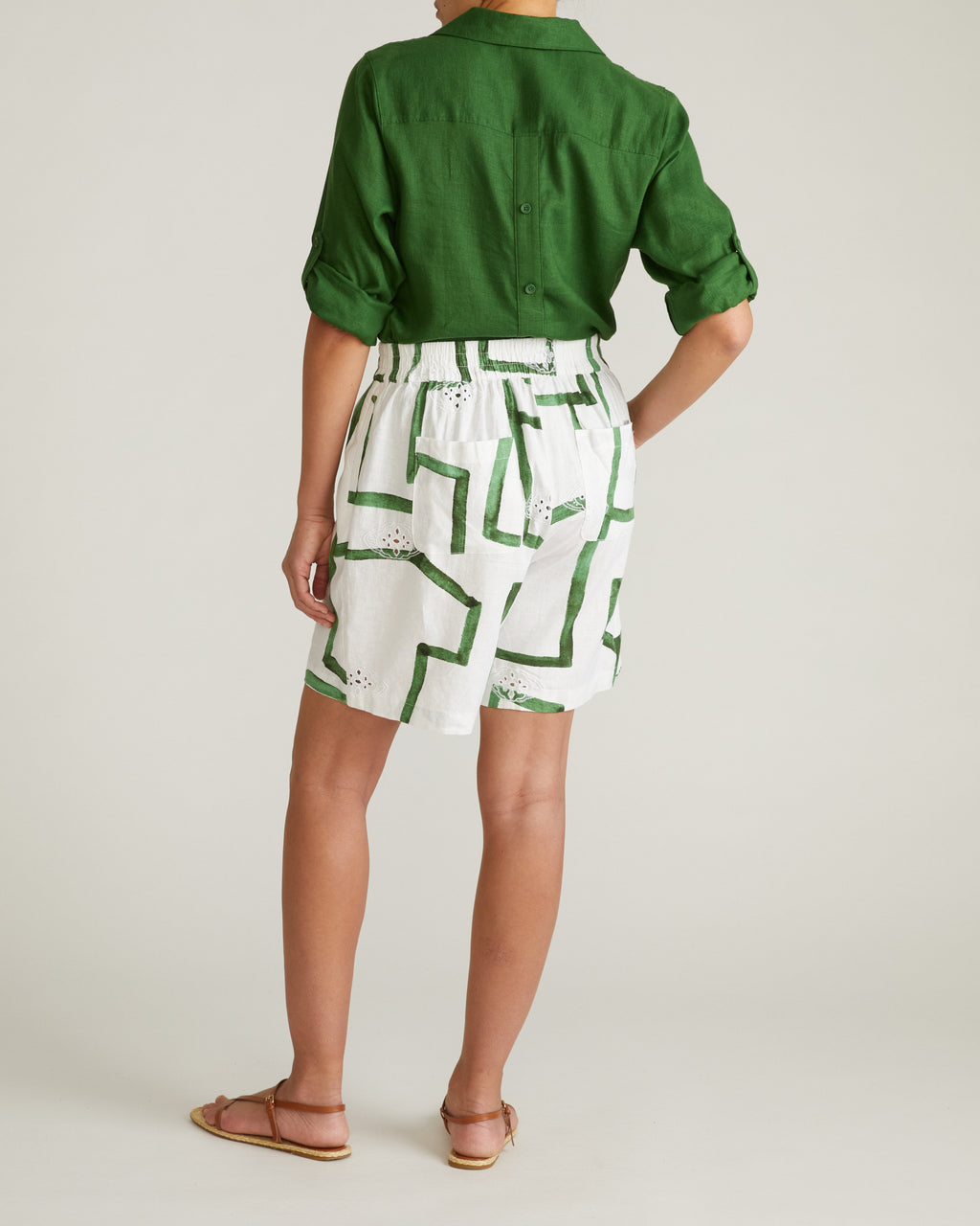 Juniper Linen Blend Easy Pull-On Shorts - Green Paint Print