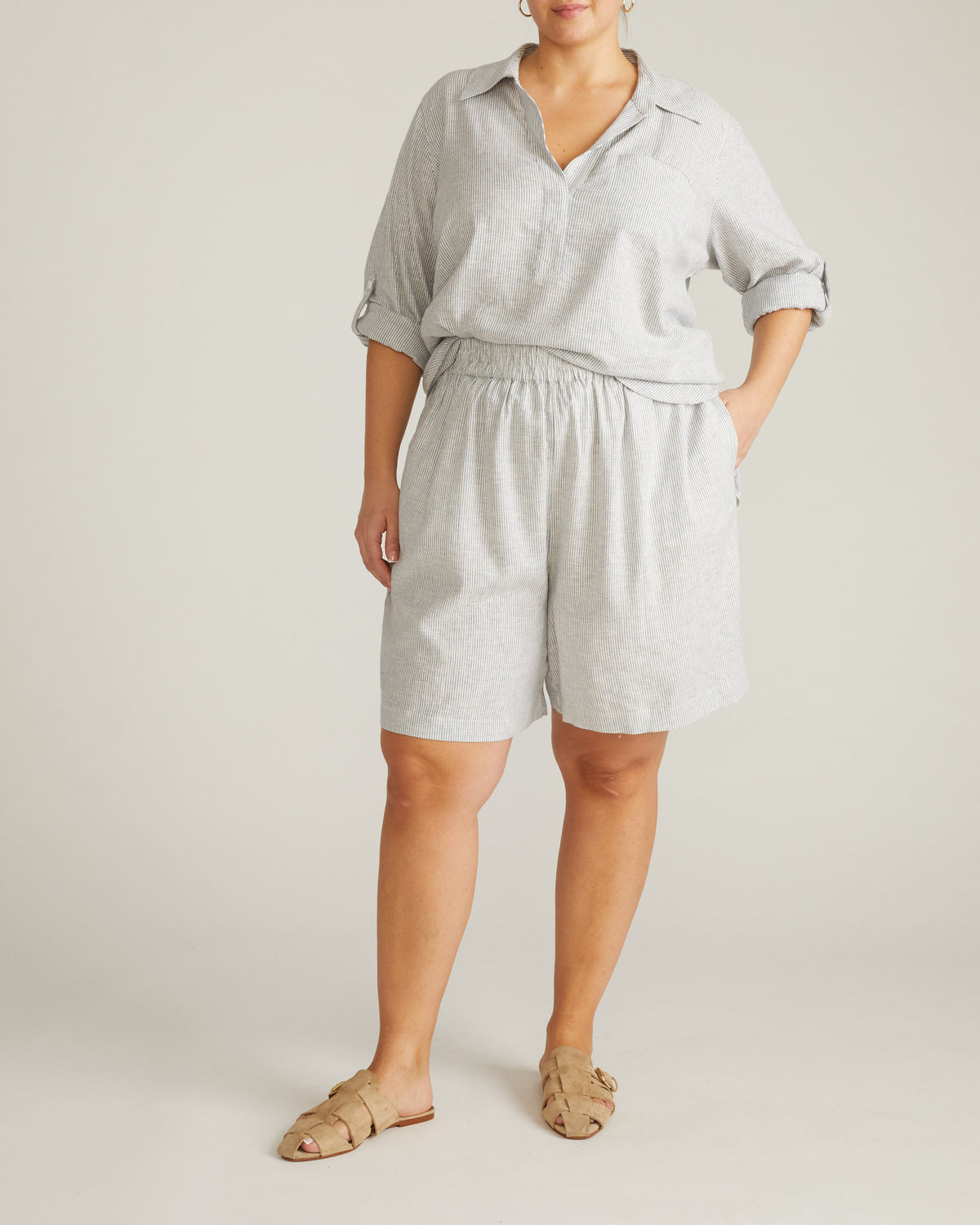 Juniper Linen Blend Easy Pull-On Shorts - Beach Stripe