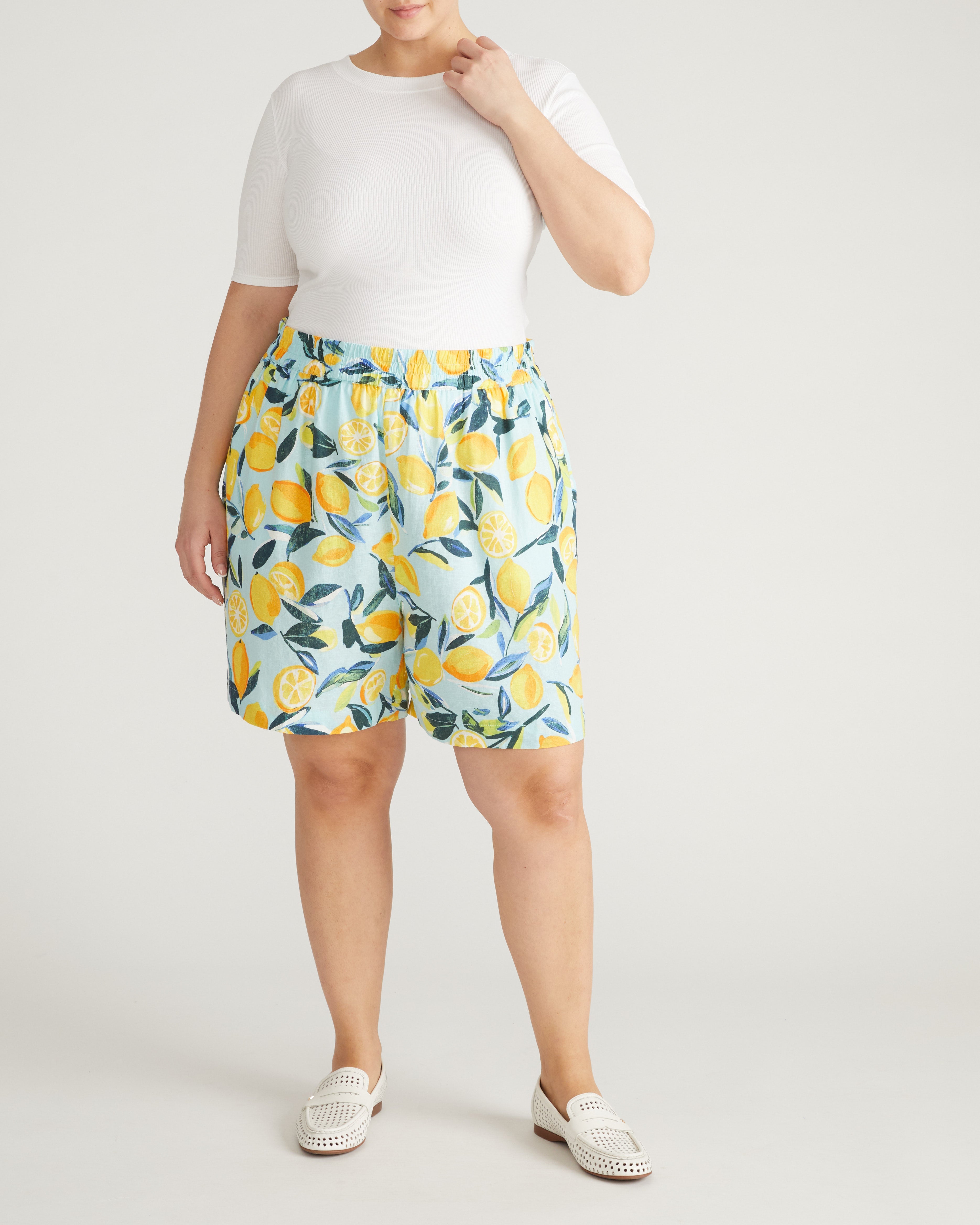 Juniper Linen Blend Easy Pull-On Shorts - Limoncello Print
