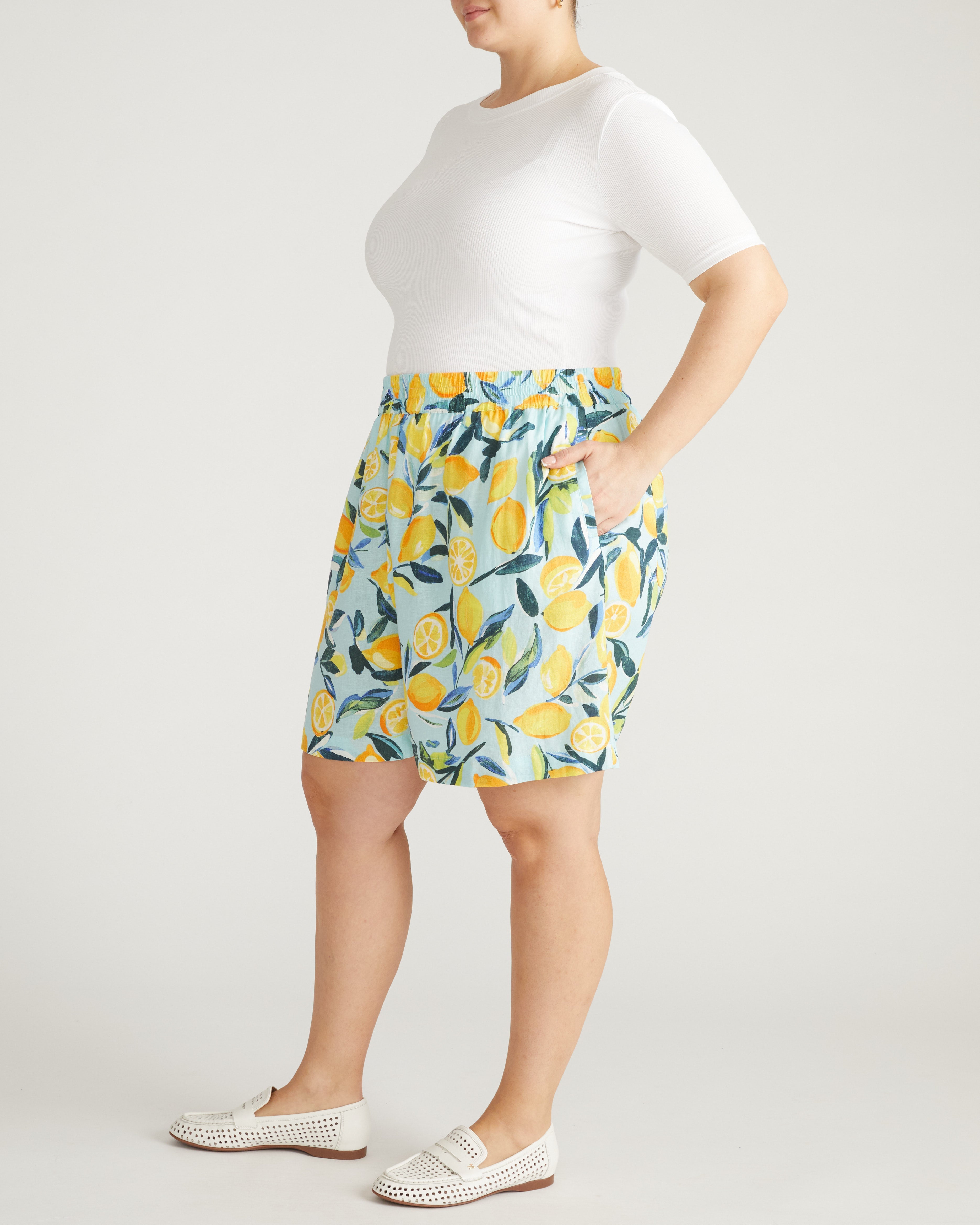 Juniper Linen Blend Easy Pull-On Shorts - Limoncello Print