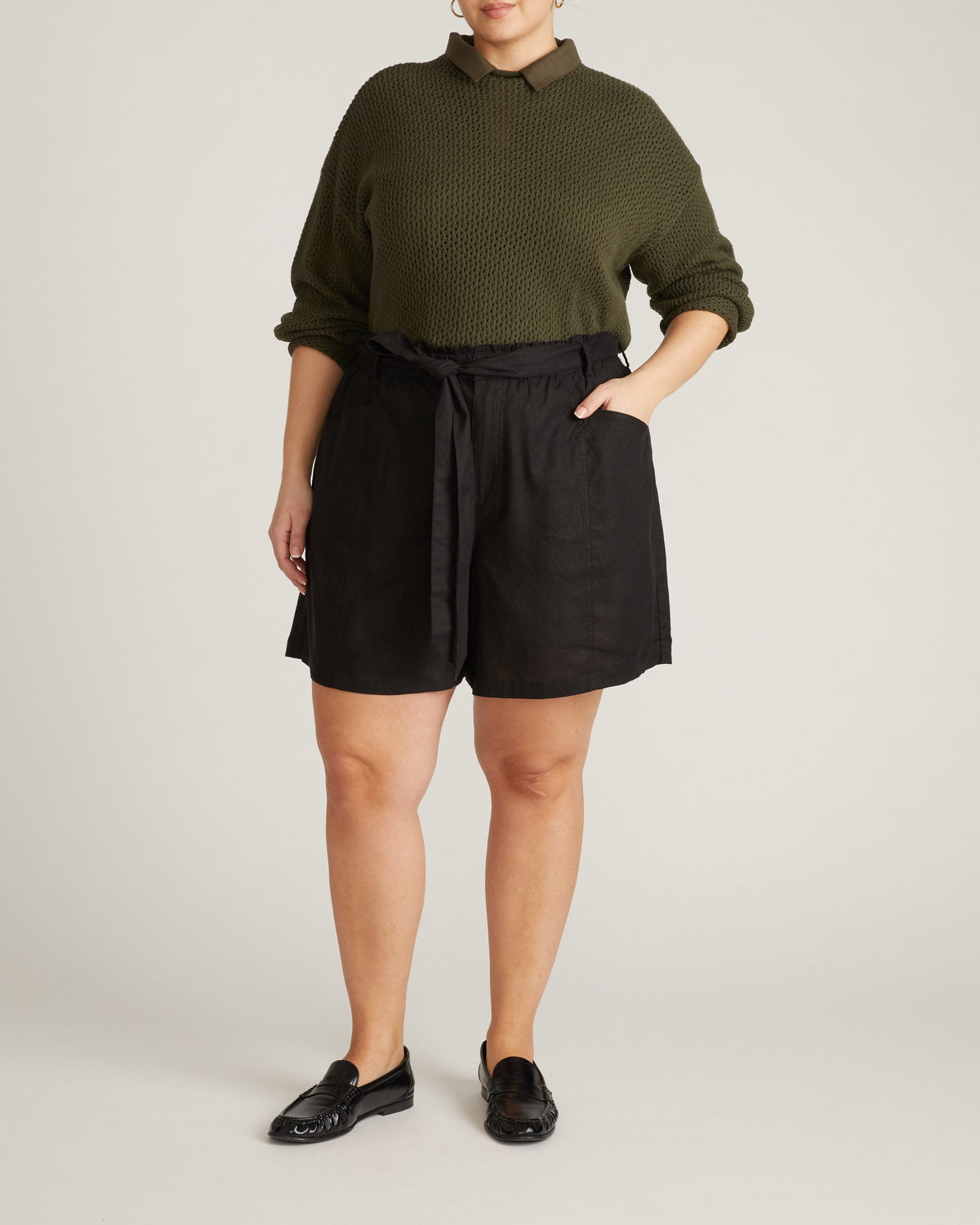 Harbor Stretch Linen Blend Paperbag Shorts - Black