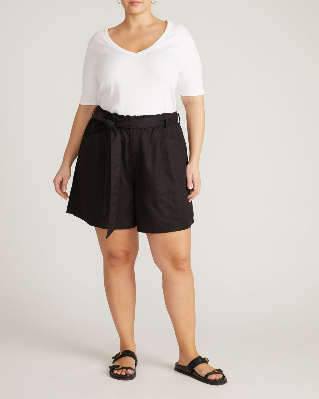 Harbor Stretch Linen Blend Paperbag Shorts - Black