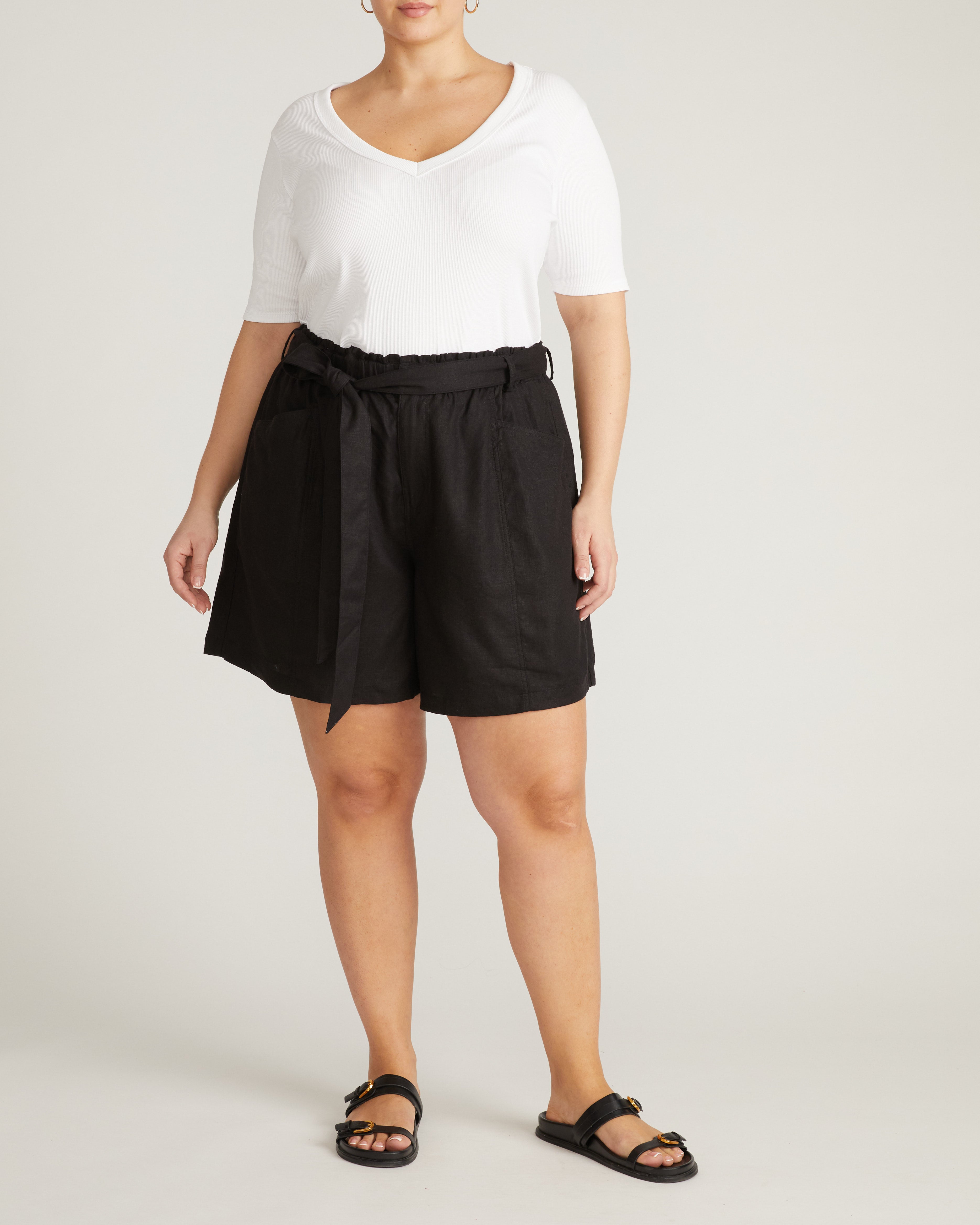 Harbor Stretch Linen Blend Paperbag Shorts - Black