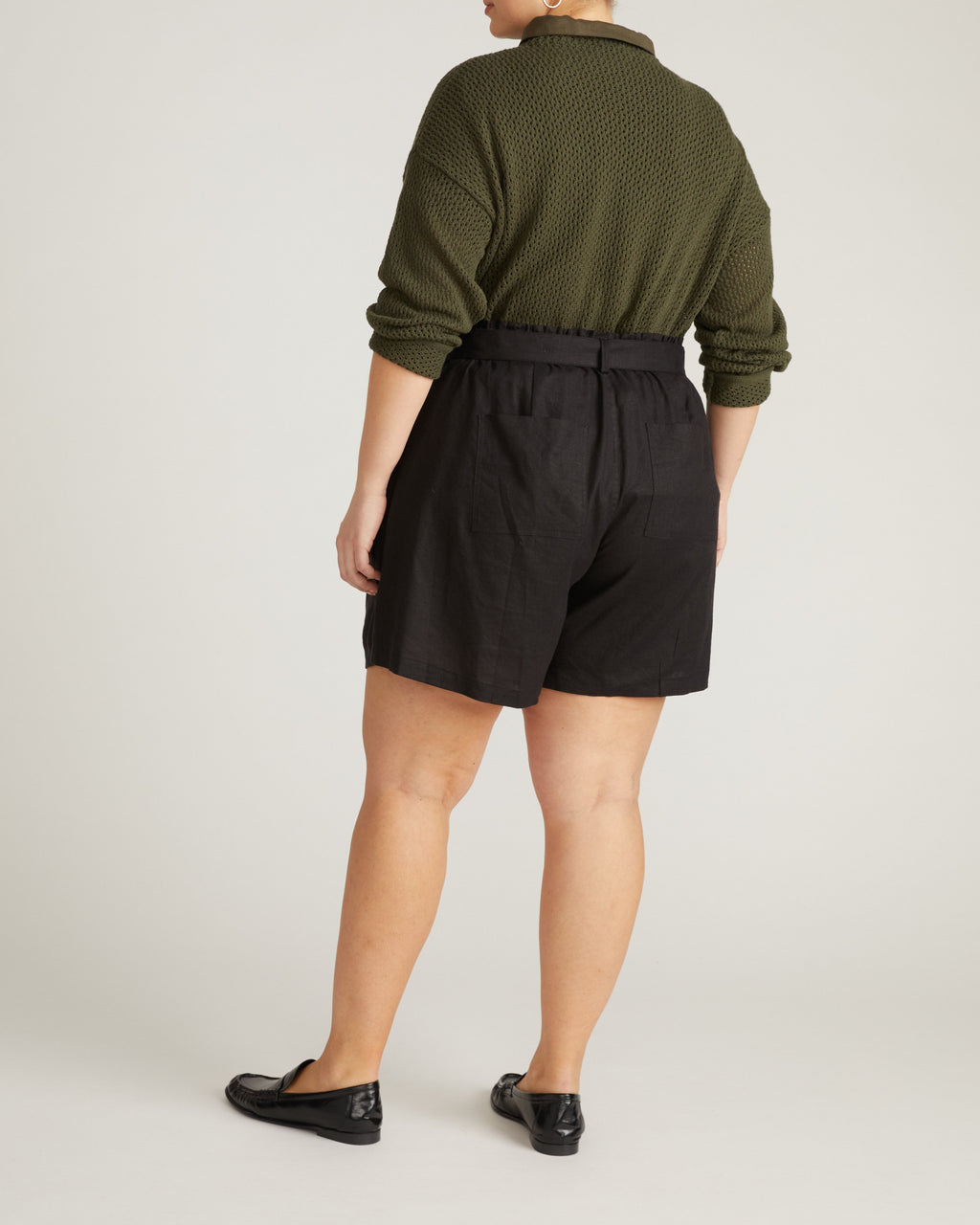 Harbor Stretch Linen Blend Paperbag Shorts - Black