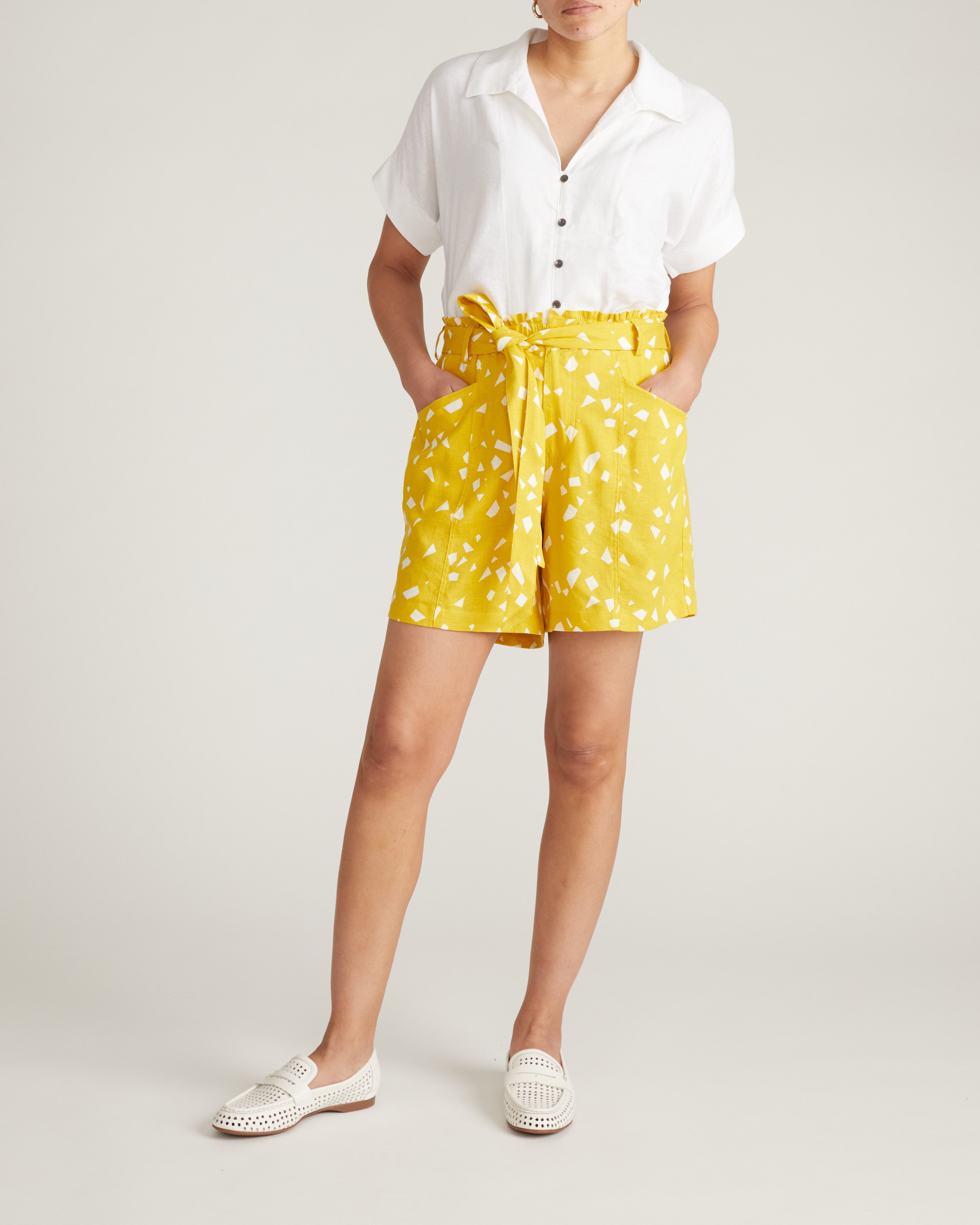 Harbor Stretch Linen Blend Paperbag Shorts - Yellow Confetti Print